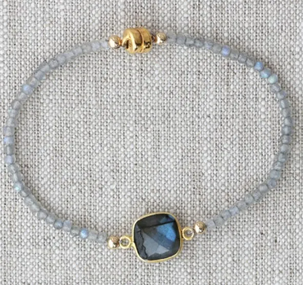 AVF Gold Labradorite Square Bezel Link Beaded Bracelet