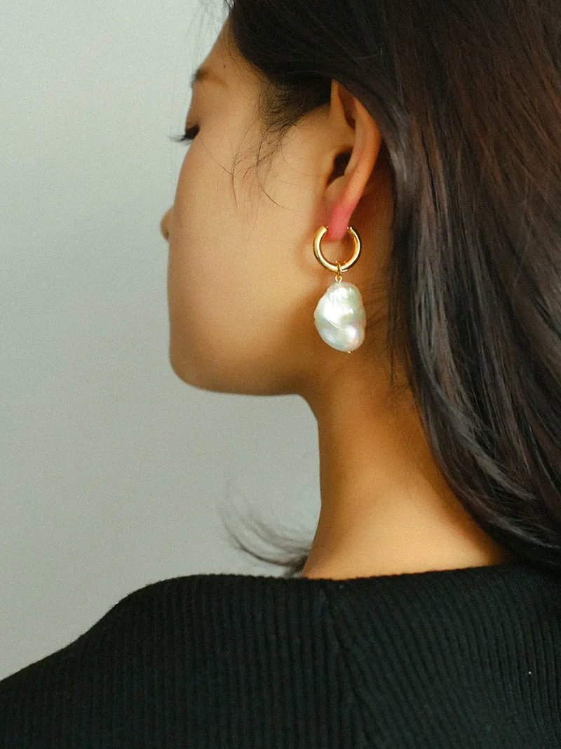 Baroque Pearl Drop Hoop Earrings