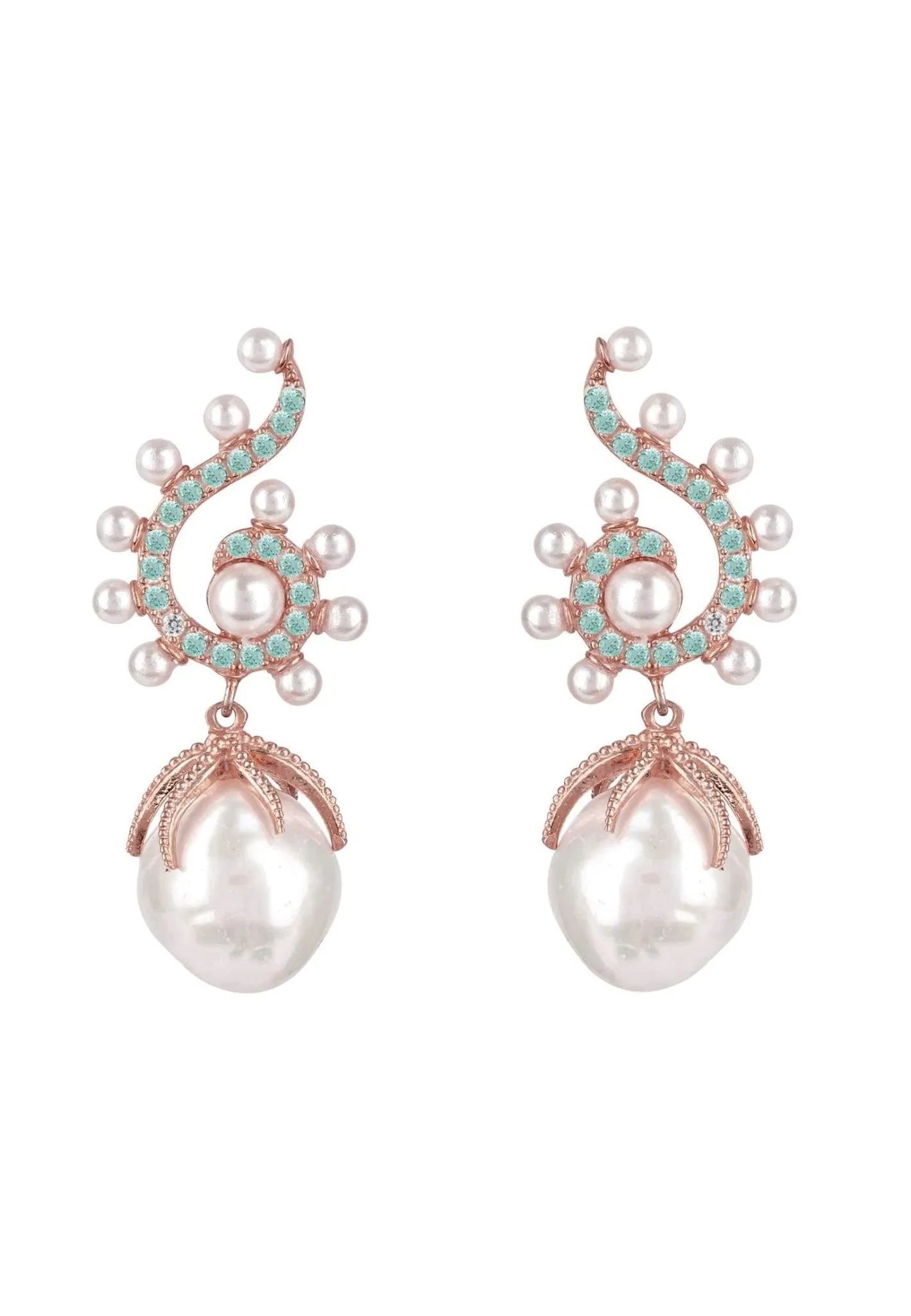 Baroque Pearl Poseidon Gemstone Drop Earrings Aqua Rosegold