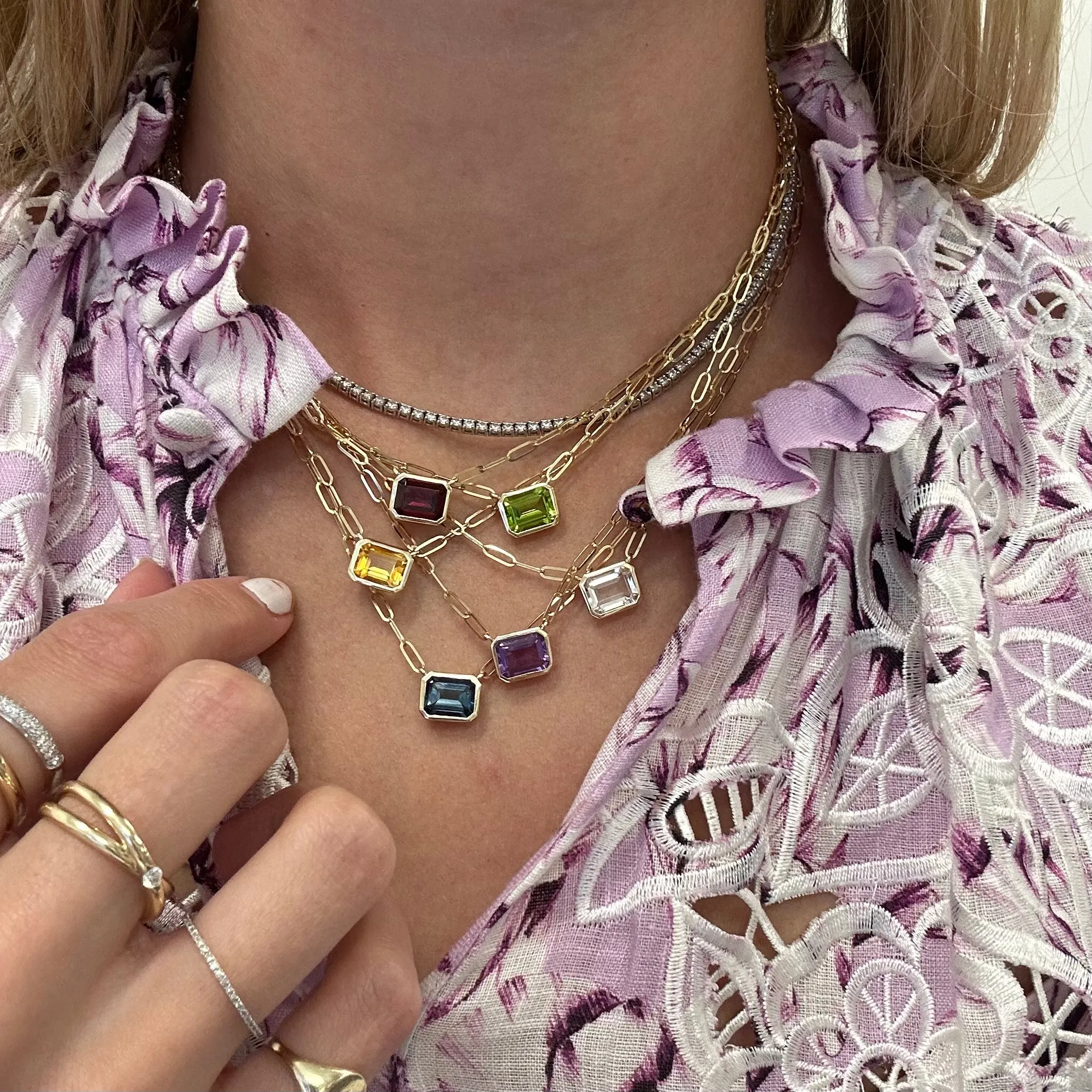 Bezel Set Gemstone Paper Clip Necklace