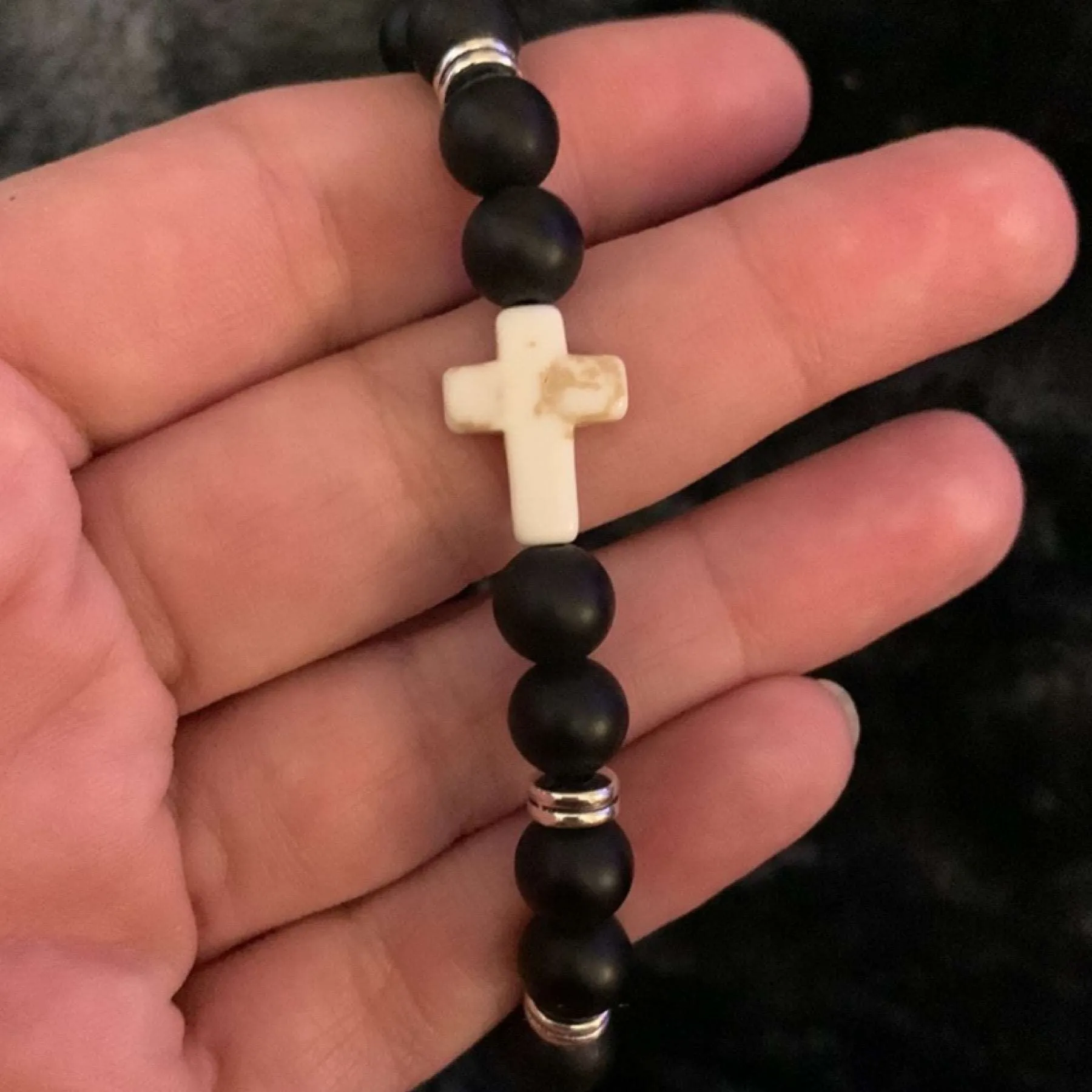 Black Matte Stone Cross Beaded Bracelet