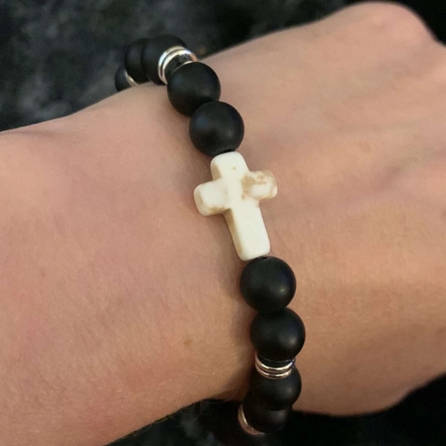 Black Matte Stone Cross Beaded Bracelet