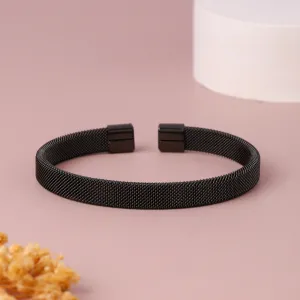 Black Plated Woven Stainless Steel Cuff Bracelet For Men