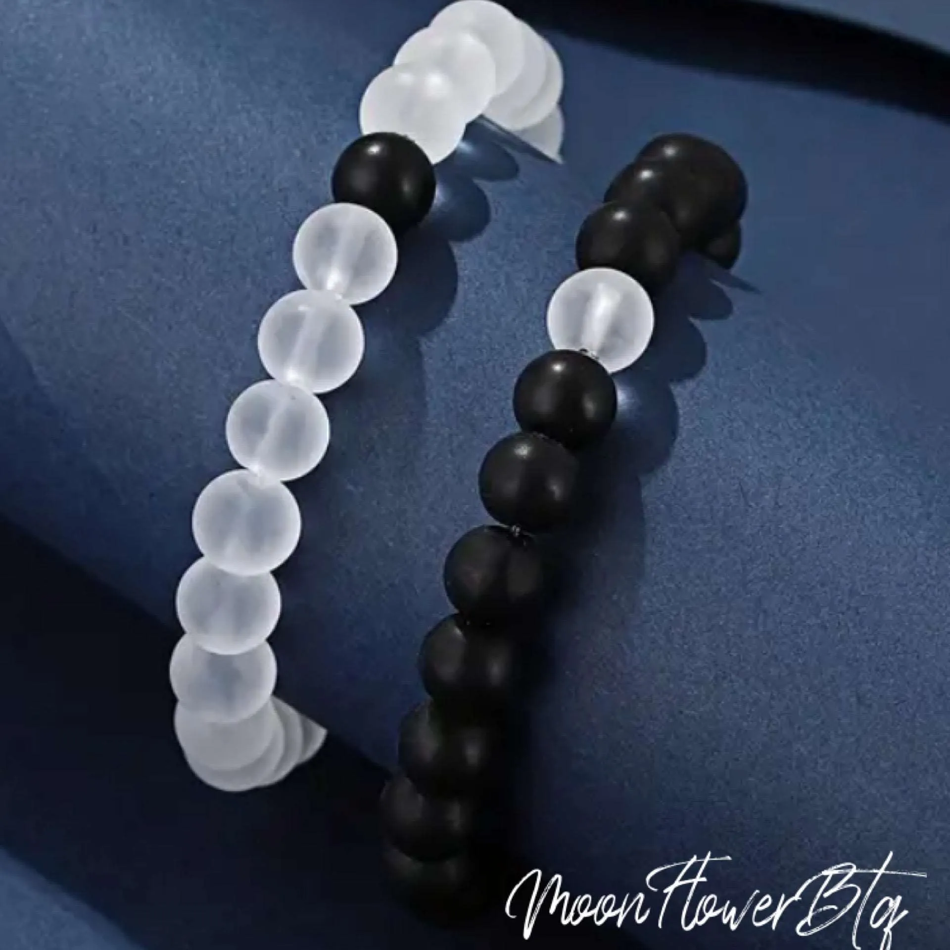 Black White Stone Beaded Bracelet Matching Set