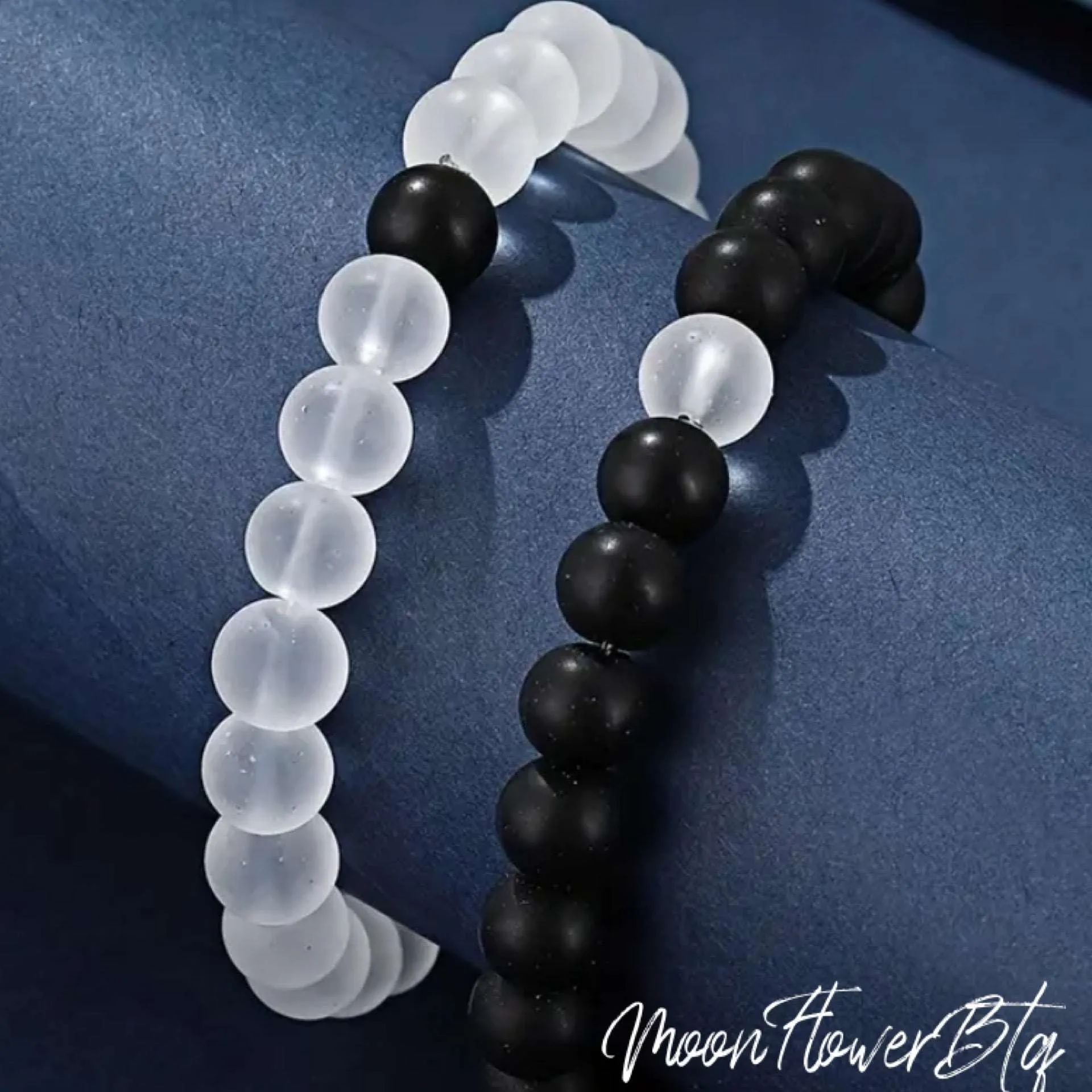 Black White Stone Beaded Bracelet Matching Set