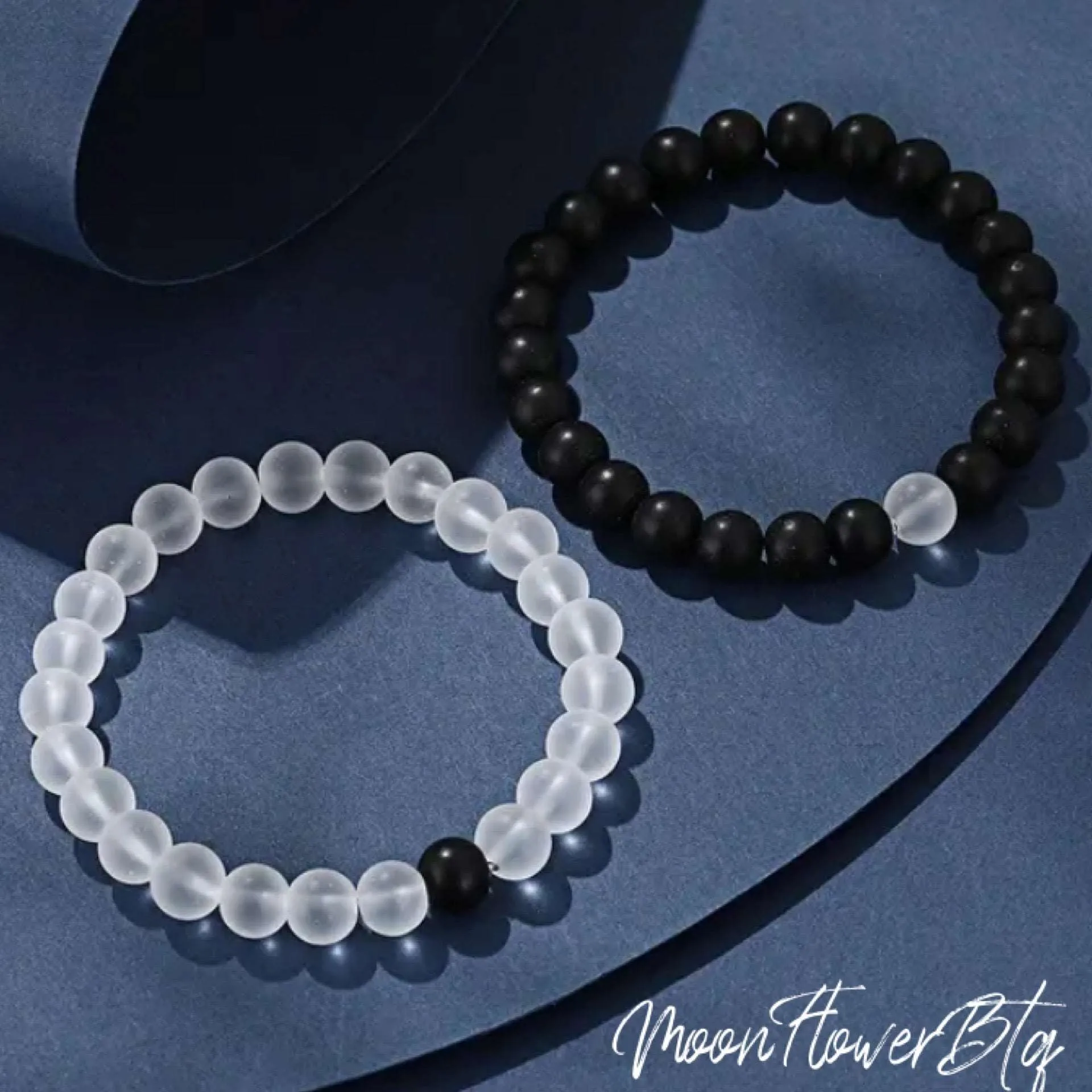 Black White Stone Beaded Bracelet Matching Set