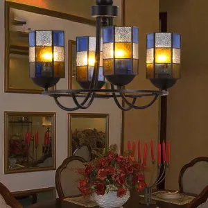 Blue Stained Glass Chandelier Pendant Light - 4/6/8 Cylinder Lights for Mediterranean Dining Room