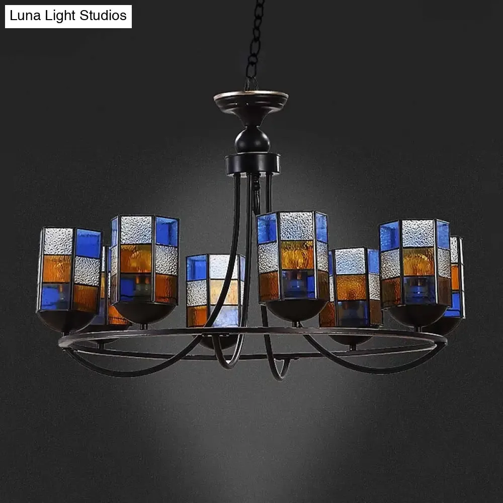 Blue Stained Glass Chandelier Pendant Light - 4/6/8 Cylinder Lights for Mediterranean Dining Room