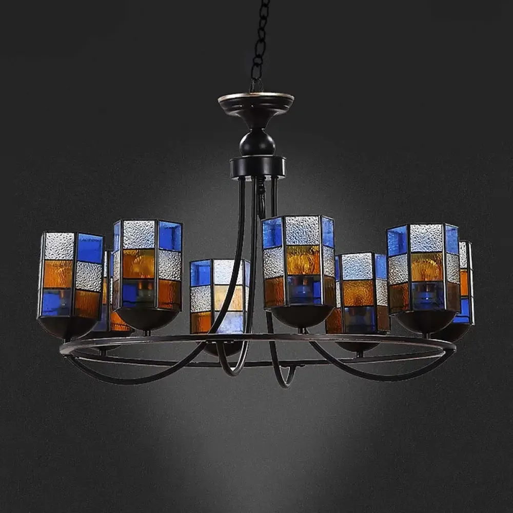 Blue Stained Glass Chandelier Pendant Light - 4/6/8 Cylinder Lights for Mediterranean Dining Room