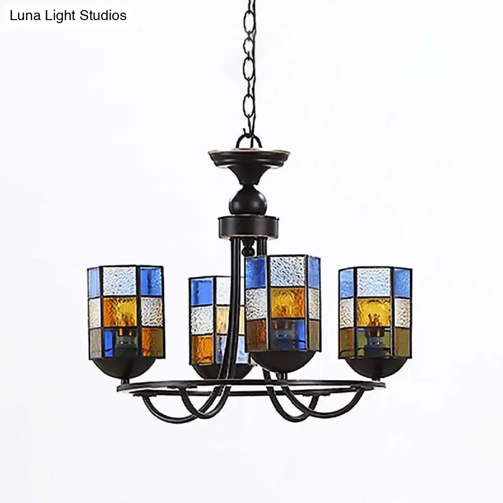 Blue Stained Glass Chandelier Pendant Light - 4/6/8 Cylinder Lights for Mediterranean Dining Room