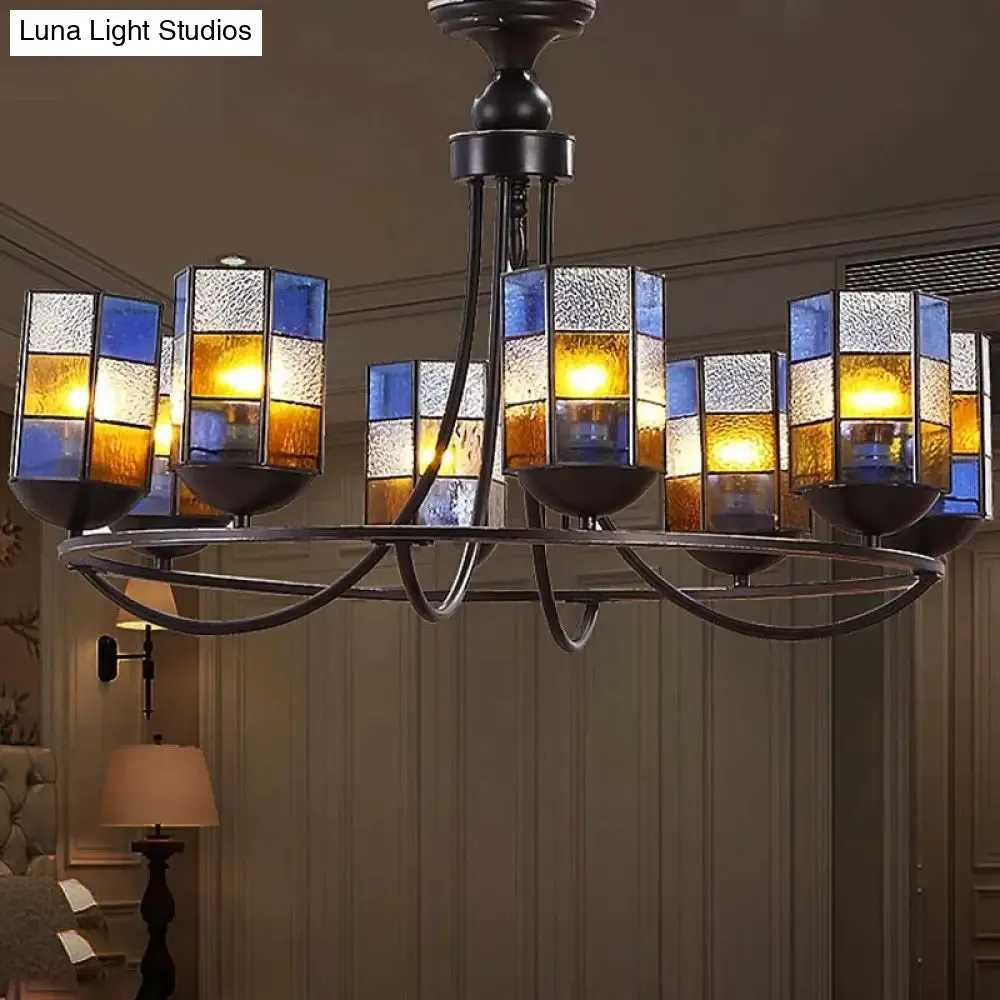 Blue Stained Glass Chandelier Pendant Light - 4/6/8 Cylinder Lights for Mediterranean Dining Room