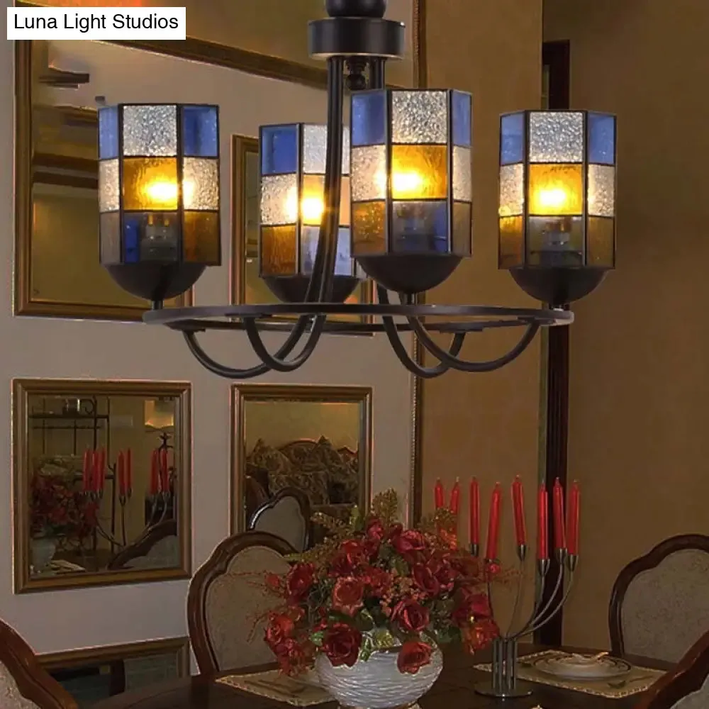 Blue Stained Glass Chandelier Pendant Light - 4/6/8 Cylinder Lights for Mediterranean Dining Room