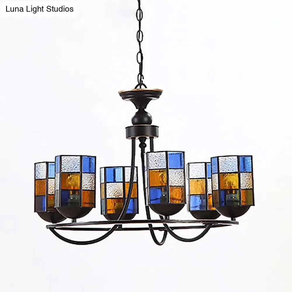 Blue Stained Glass Chandelier Pendant Light - 4/6/8 Cylinder Lights for Mediterranean Dining Room