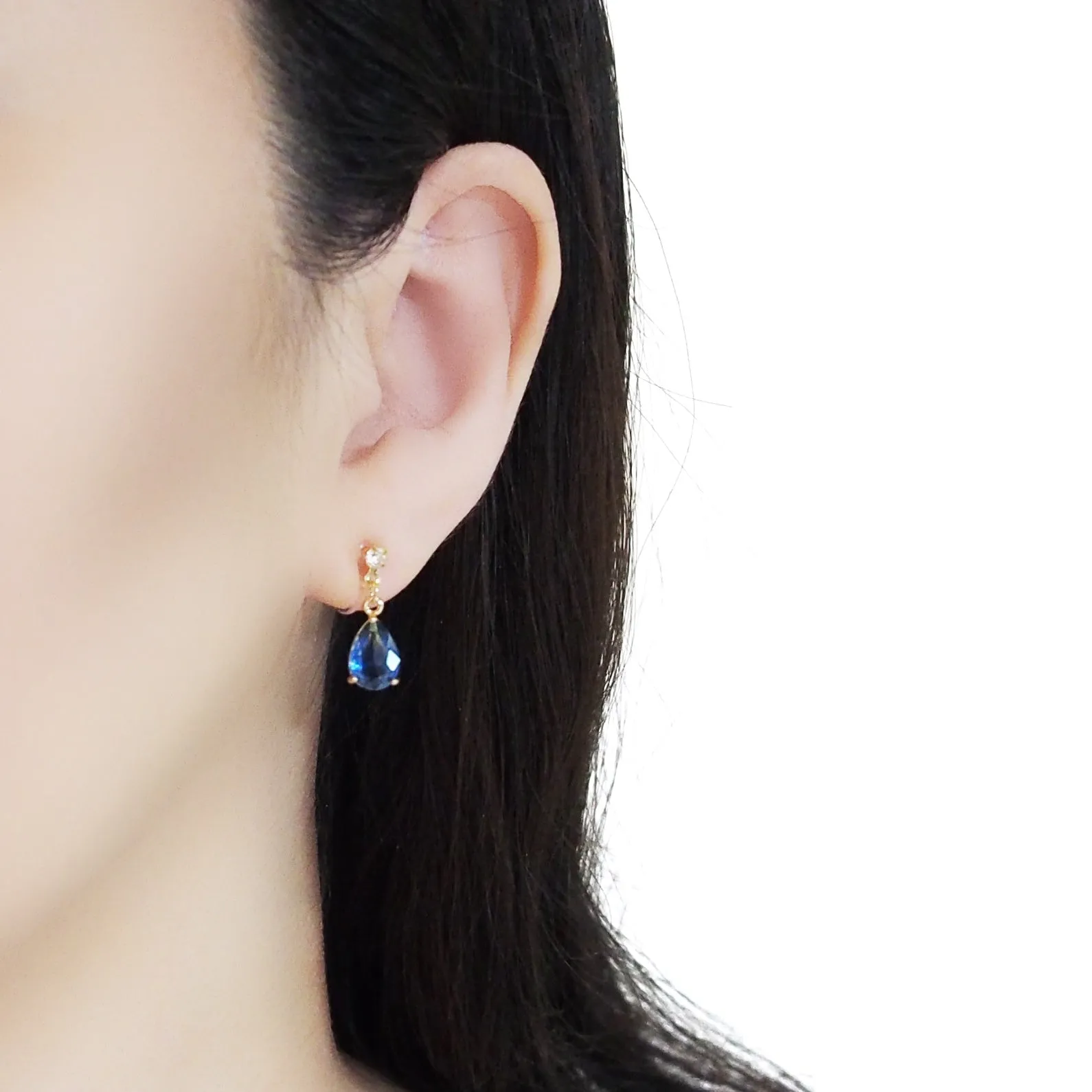 Blue Teardrop Crystal Invisible Clip On Earrings