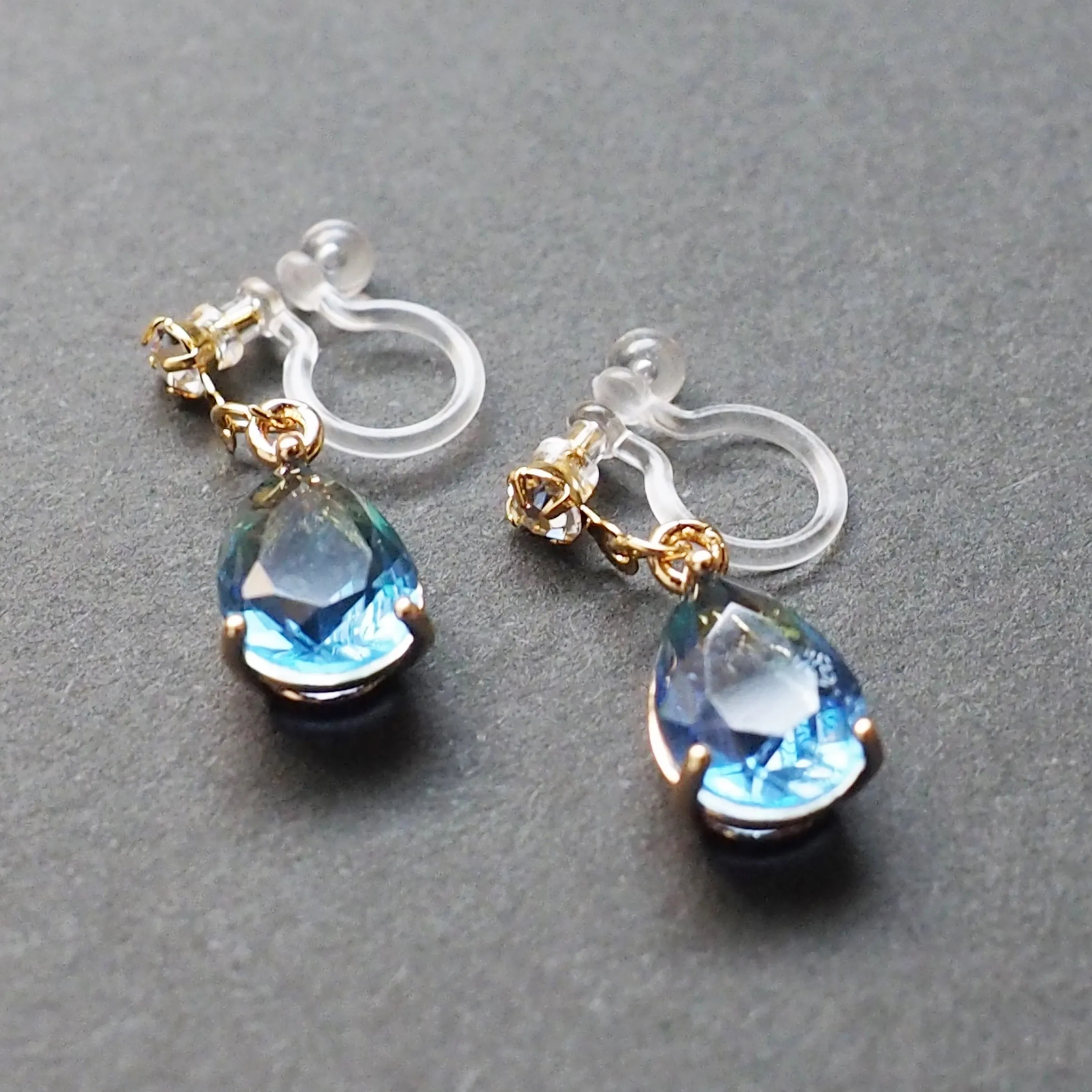 Blue Teardrop Crystal Invisible Clip On Earrings