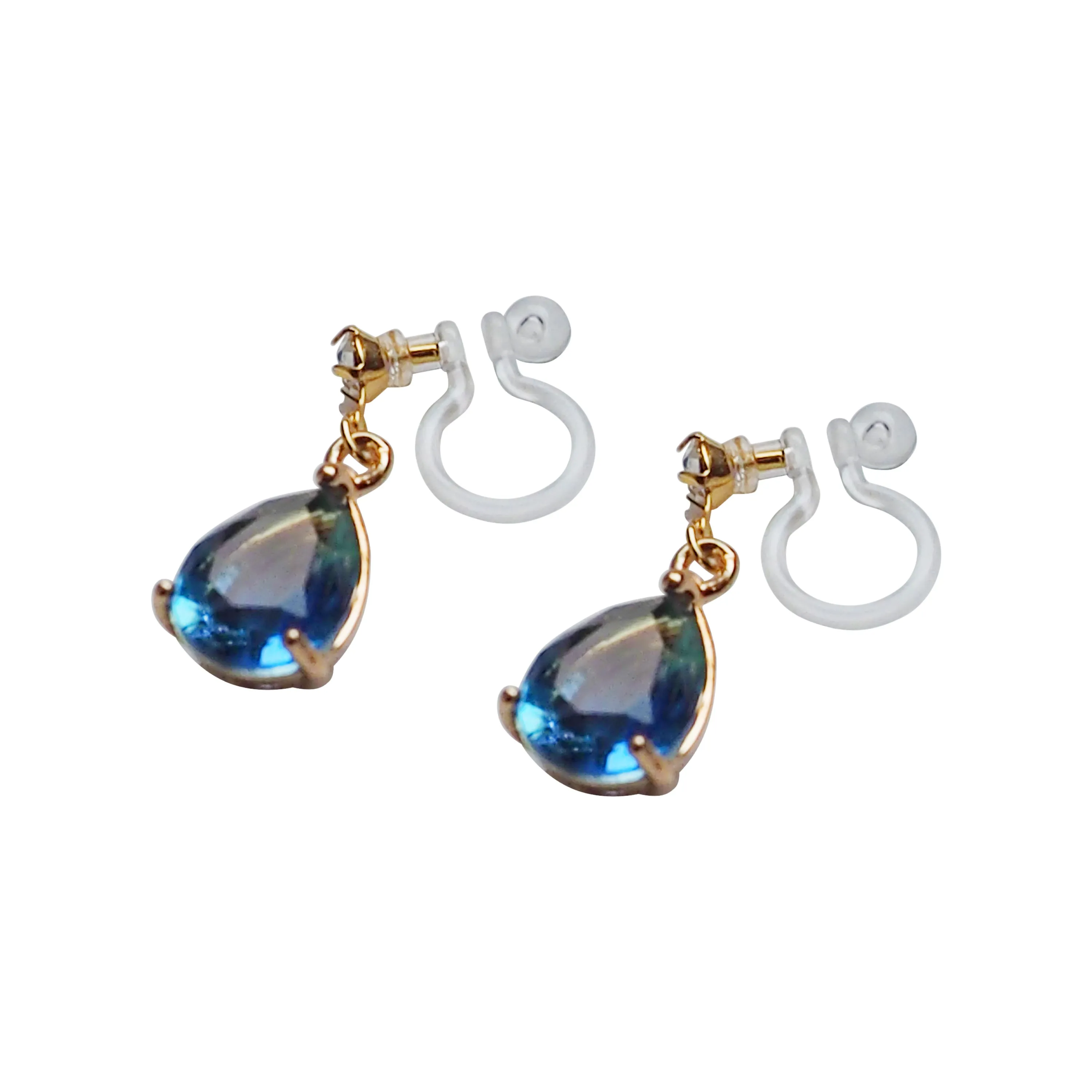 Blue Teardrop Crystal Invisible Clip On Earrings