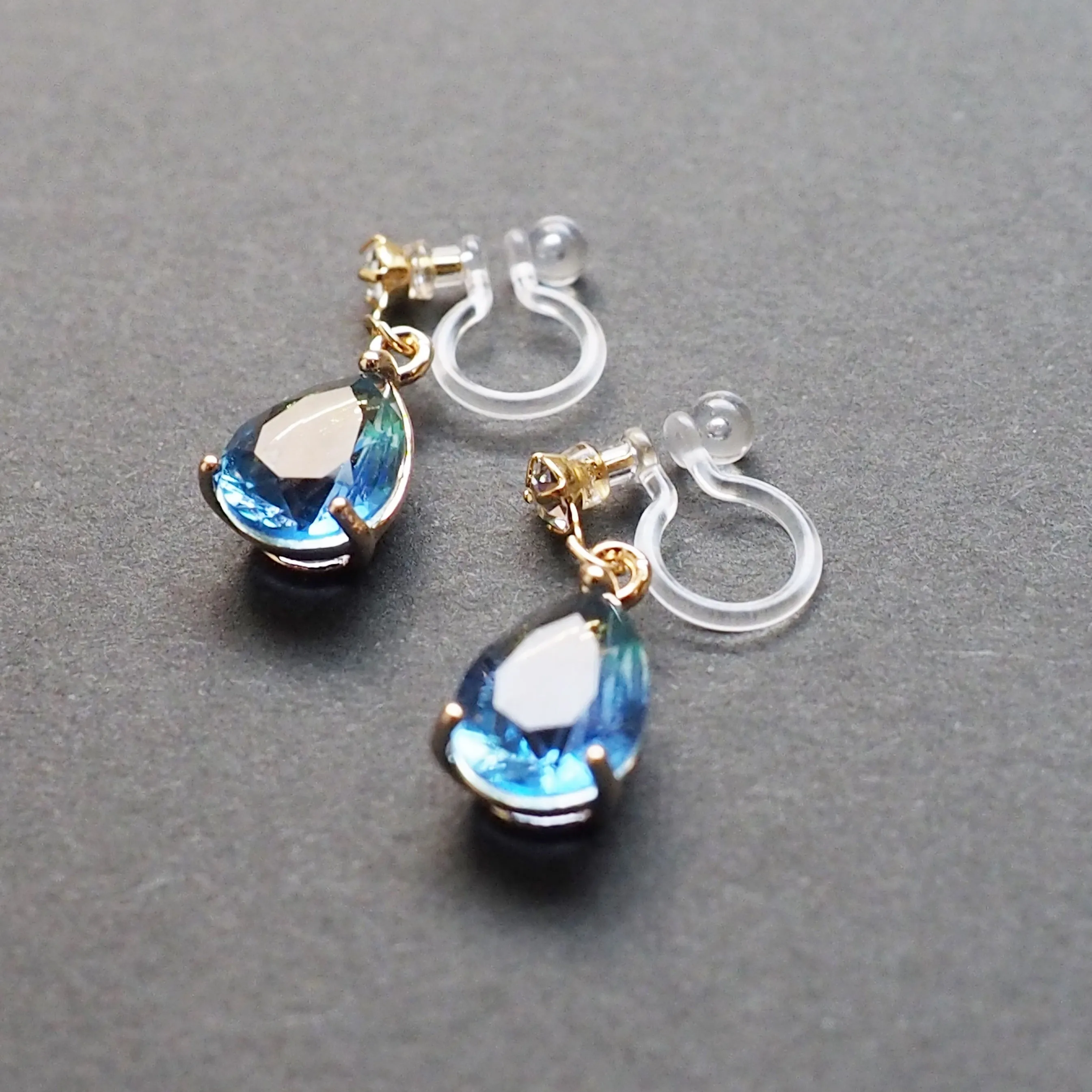 Blue Teardrop Crystal Invisible Clip On Earrings