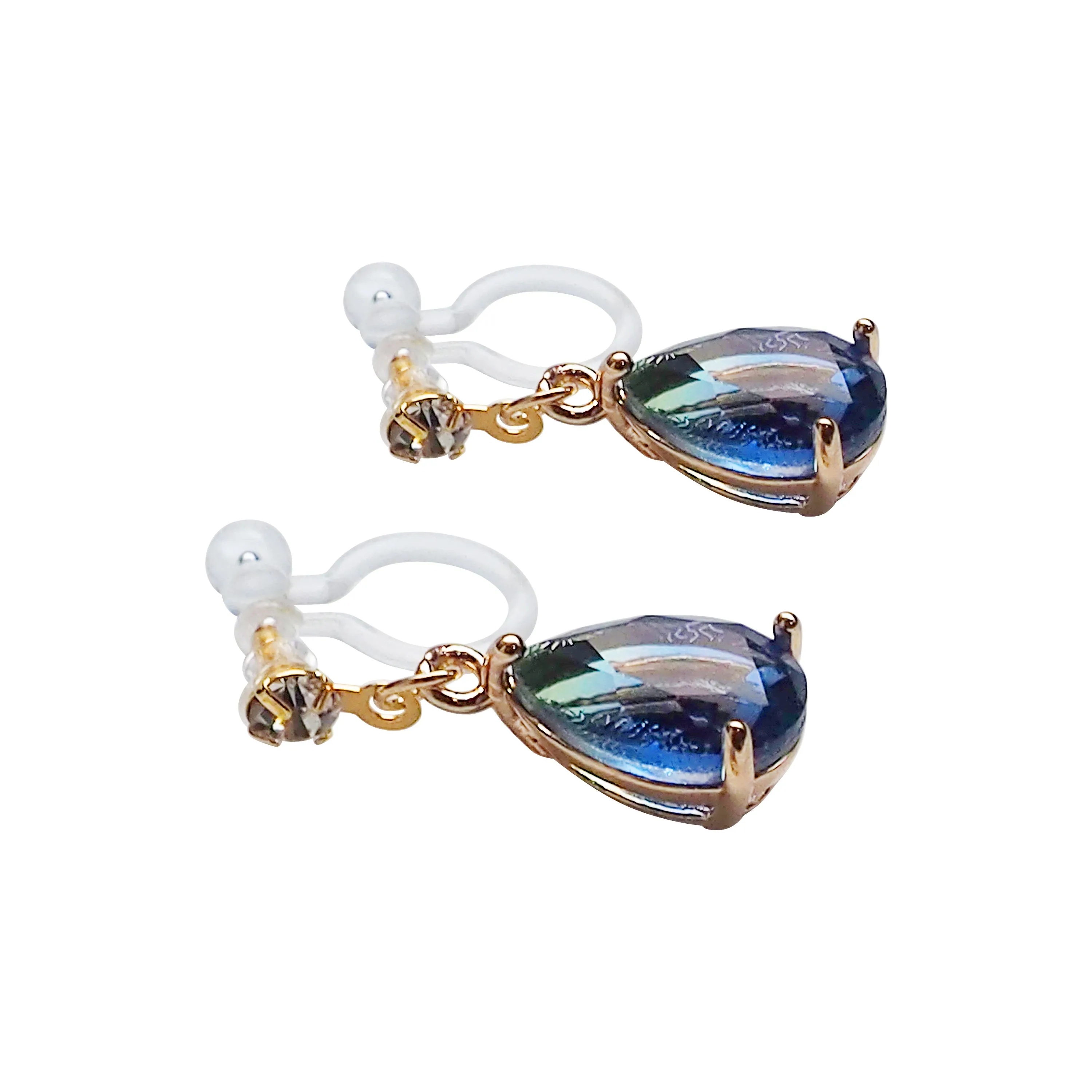 Blue Teardrop Crystal Invisible Clip On Earrings