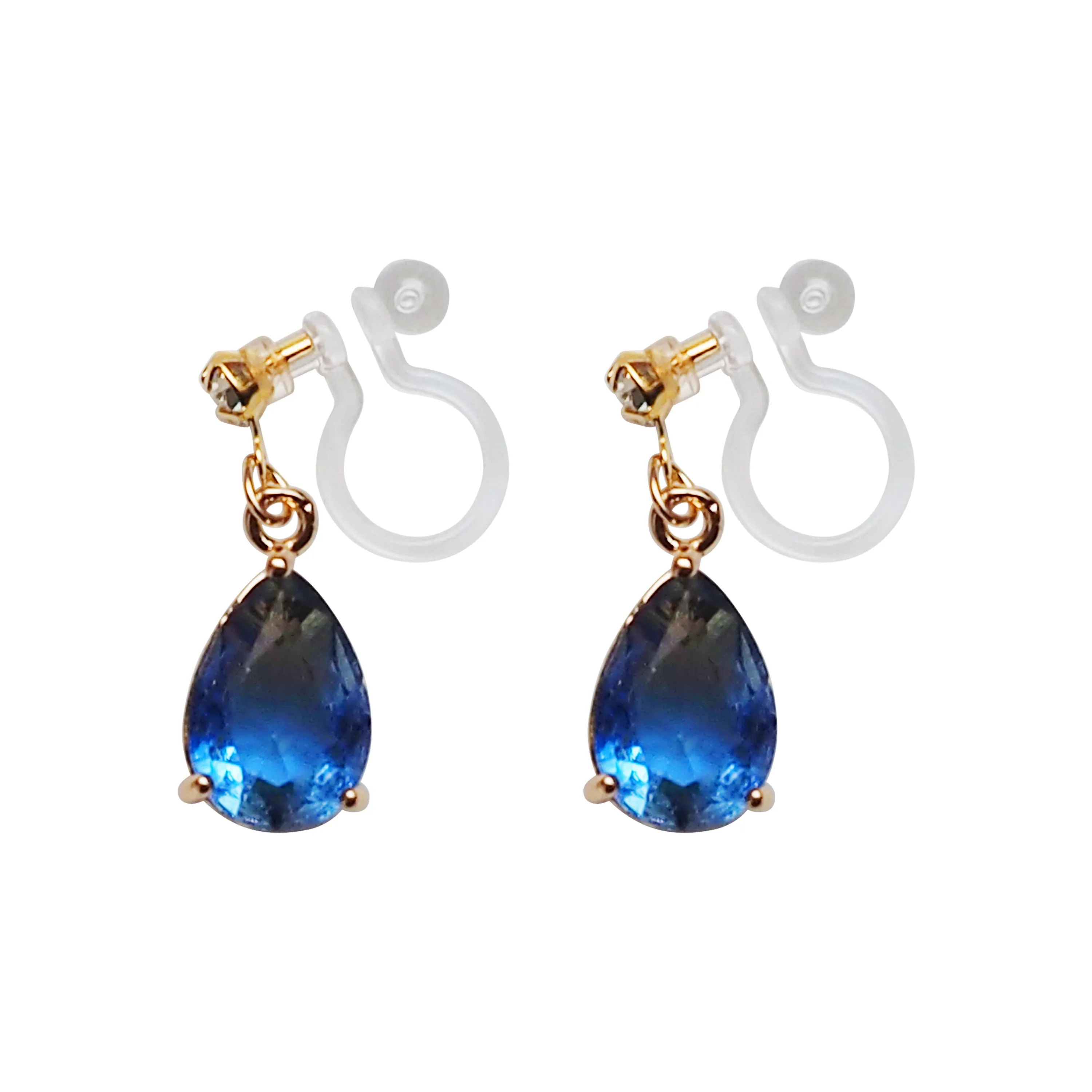 Blue Teardrop Crystal Invisible Clip On Earrings