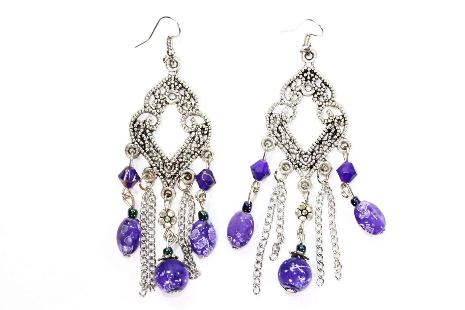 Bohemian Rhapsody: Marbled Filigree Chandelier Earrings, Unique Beaded Earrings, Golden Speckled Beads