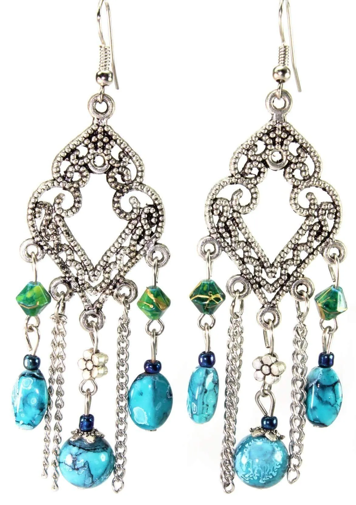 Bohemian Rhapsody: Marbled Filigree Chandelier Earrings, Unique Beaded Earrings, Golden Speckled Beads