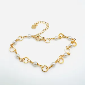 Chain Bracelet with Rings and Faux Pearls - Plated Brass - 7-5/8"