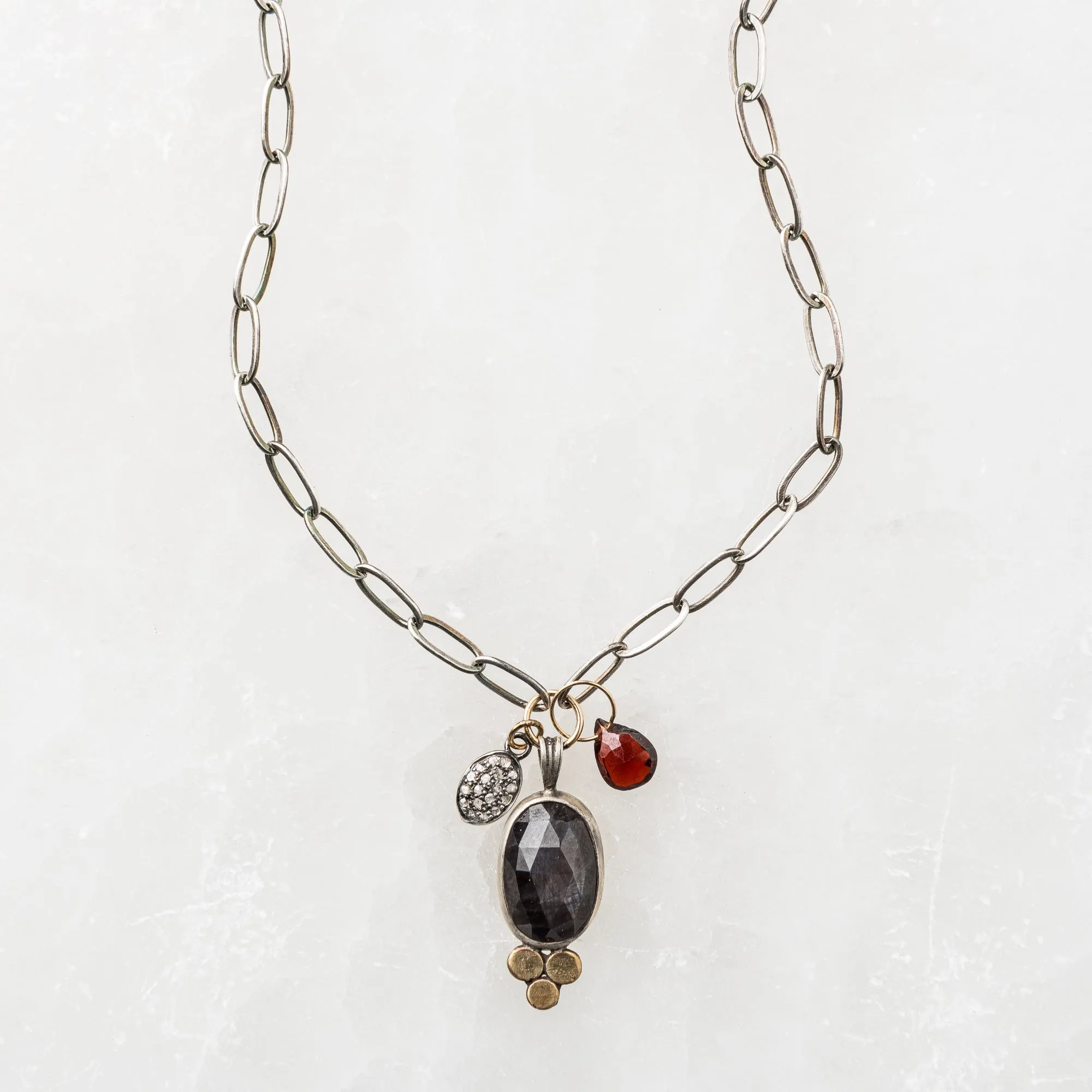 Chocolate Sapphire Necklace with Pave Diamond and Red Garnet Charms