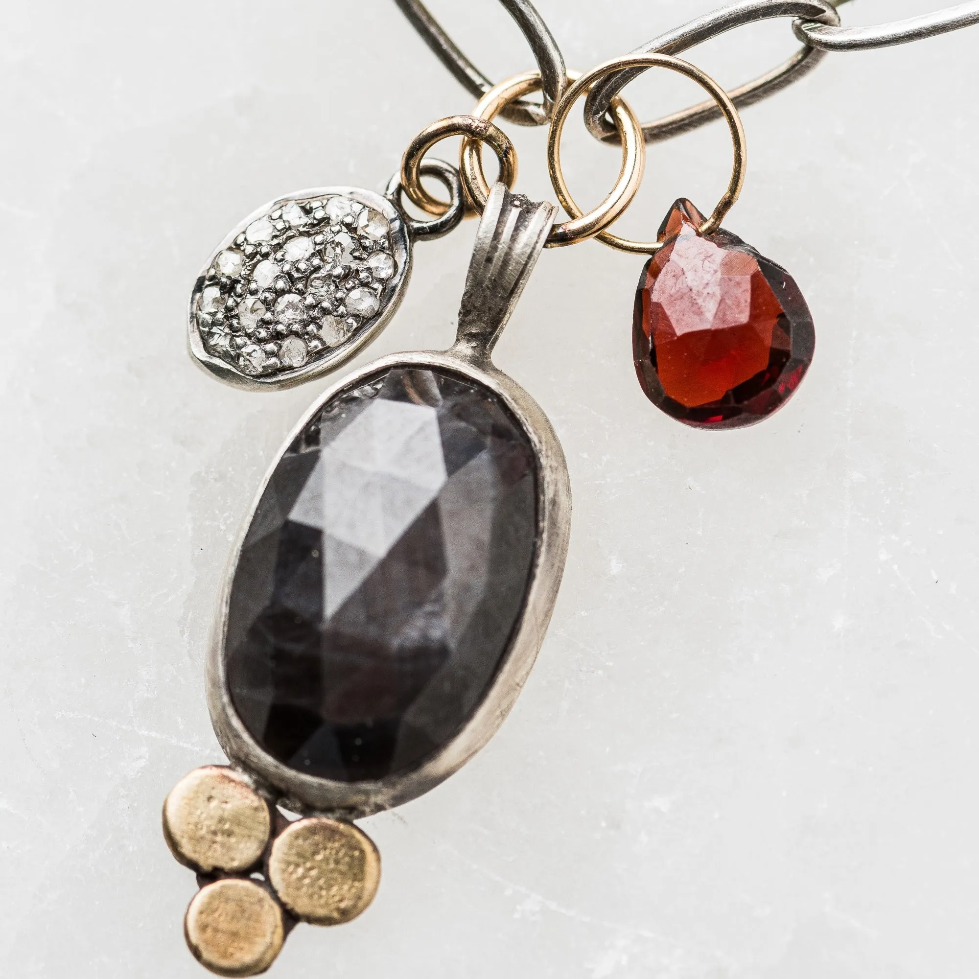 Chocolate Sapphire Necklace with Pave Diamond and Red Garnet Charms