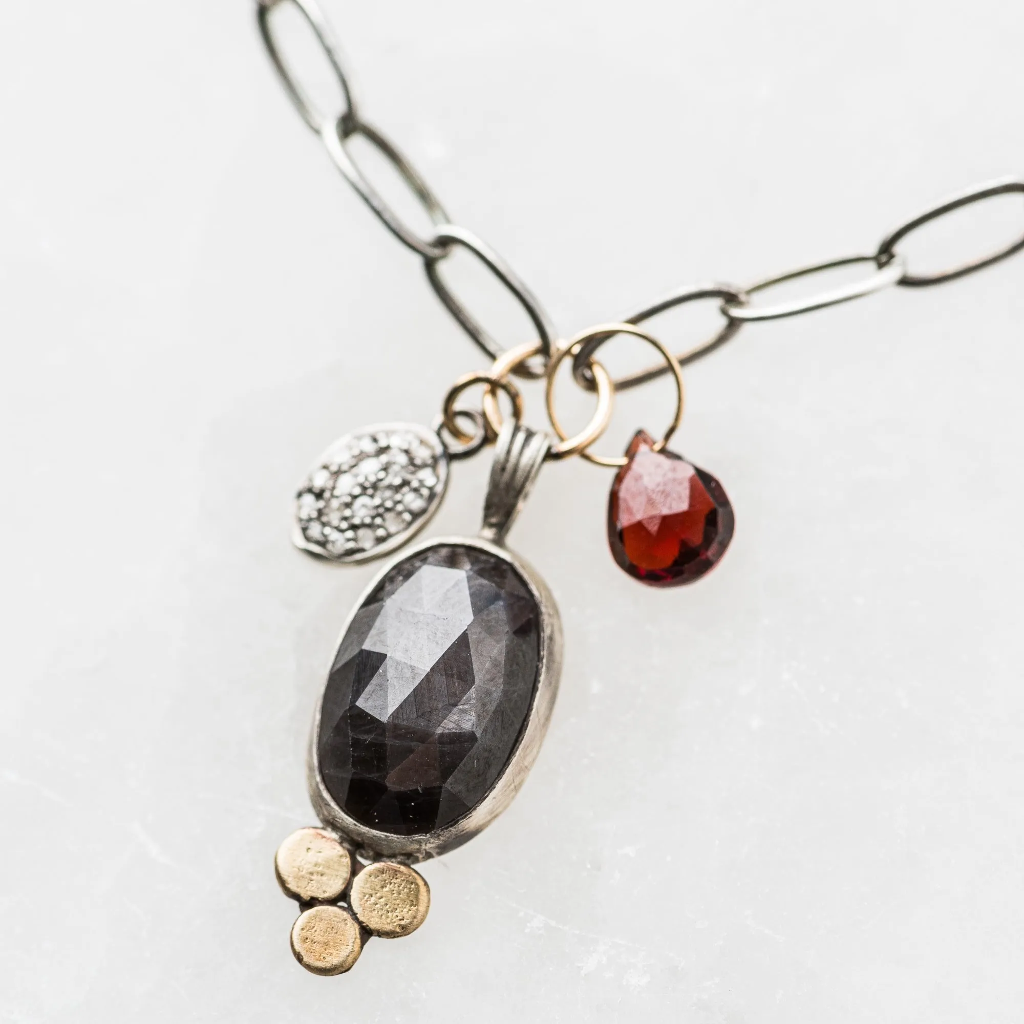 Chocolate Sapphire Necklace with Pave Diamond and Red Garnet Charms