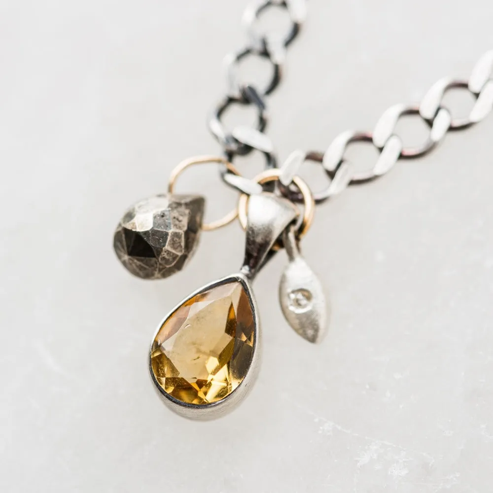 Citrine Pear Cluster Necklace with Diamond on Curb Chain