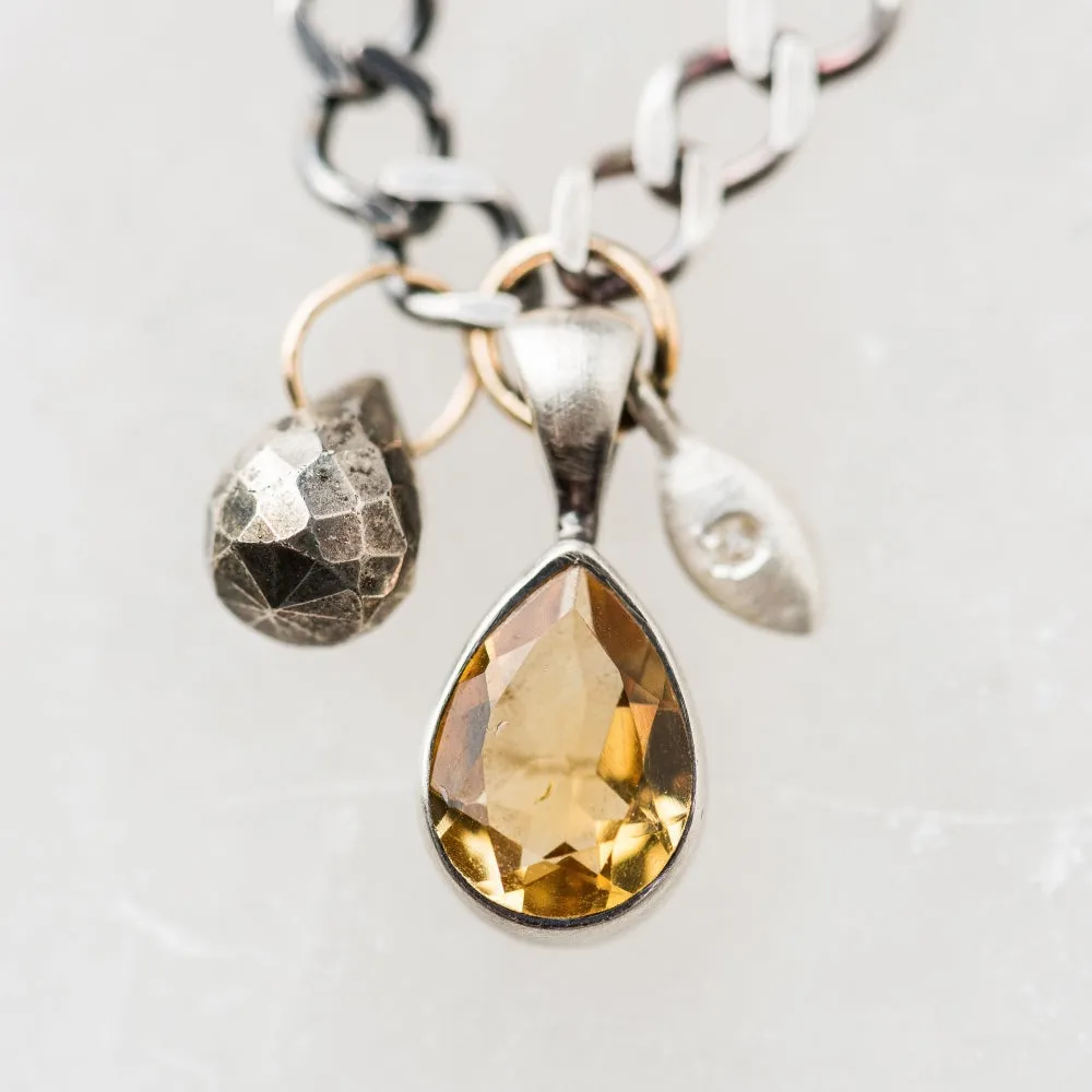 Citrine Pear Cluster Necklace with Diamond on Curb Chain