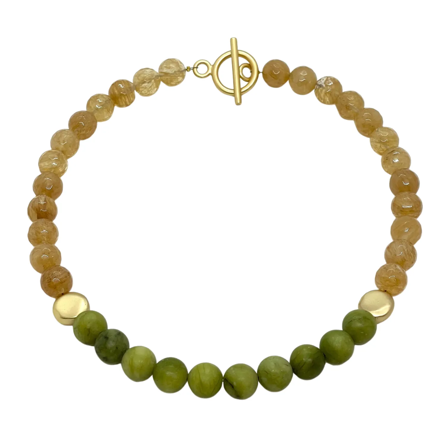 Citrine Quartz And Matte Olive African Jade Necklace With Matte Gold Bead Accents