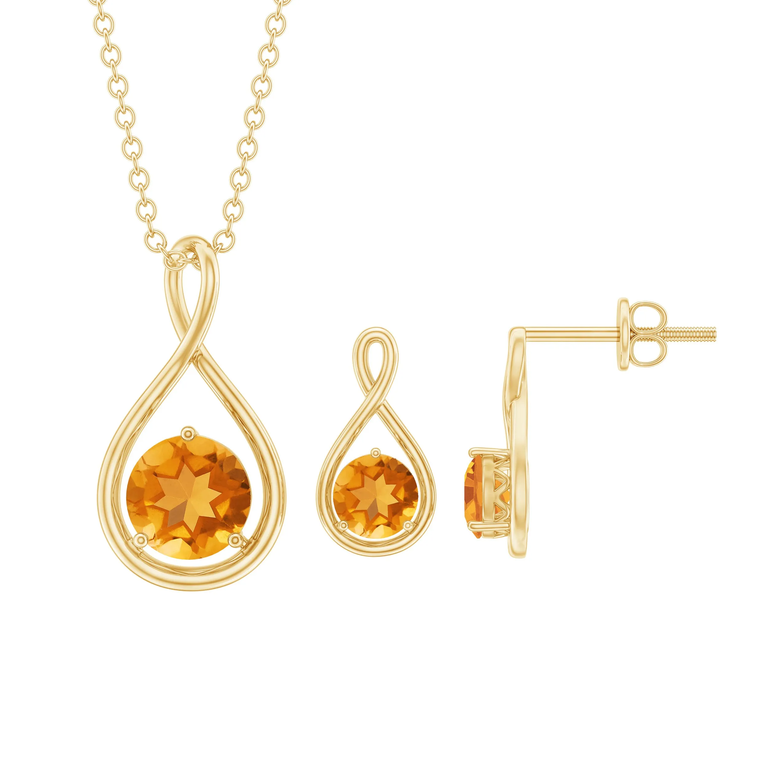 Citrine Solitaire Pendant and Earring Set with Infinity Design