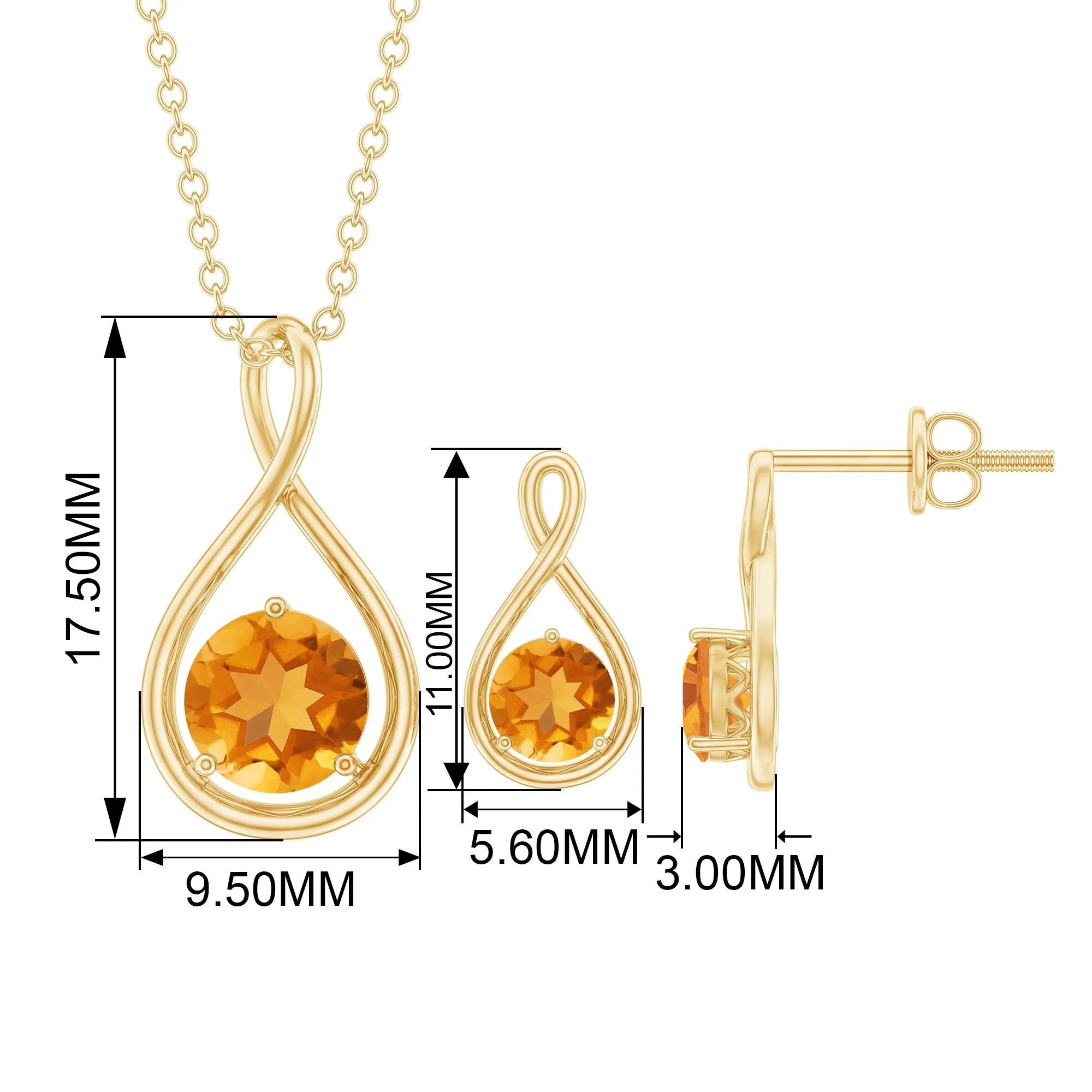 Citrine Solitaire Pendant and Earring Set with Infinity Design