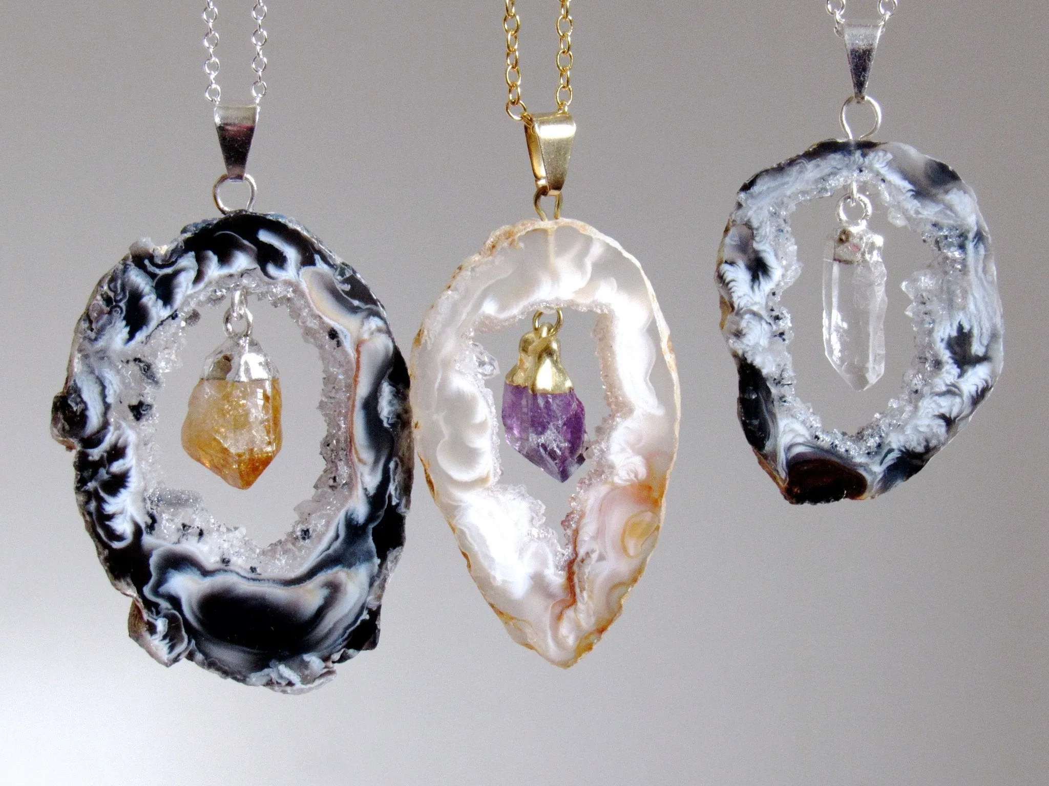 Dangling Citrine Point Geode Necklaces