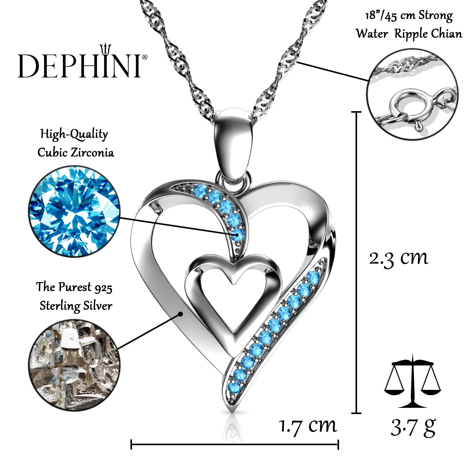 DEPHINI Heart Necklace - 925 Sterling Silver Blue CZ Crystal