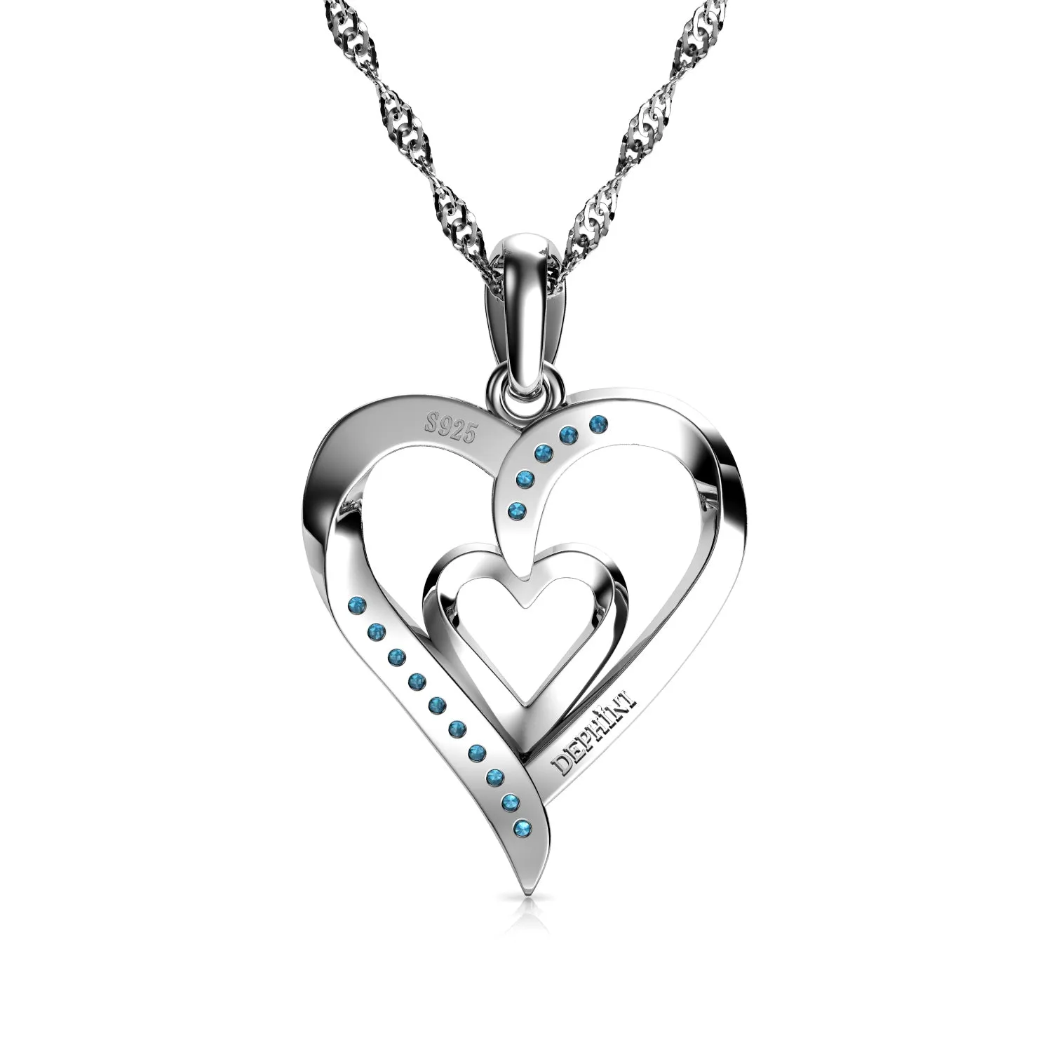 DEPHINI Heart Necklace - 925 Sterling Silver Blue CZ Crystal