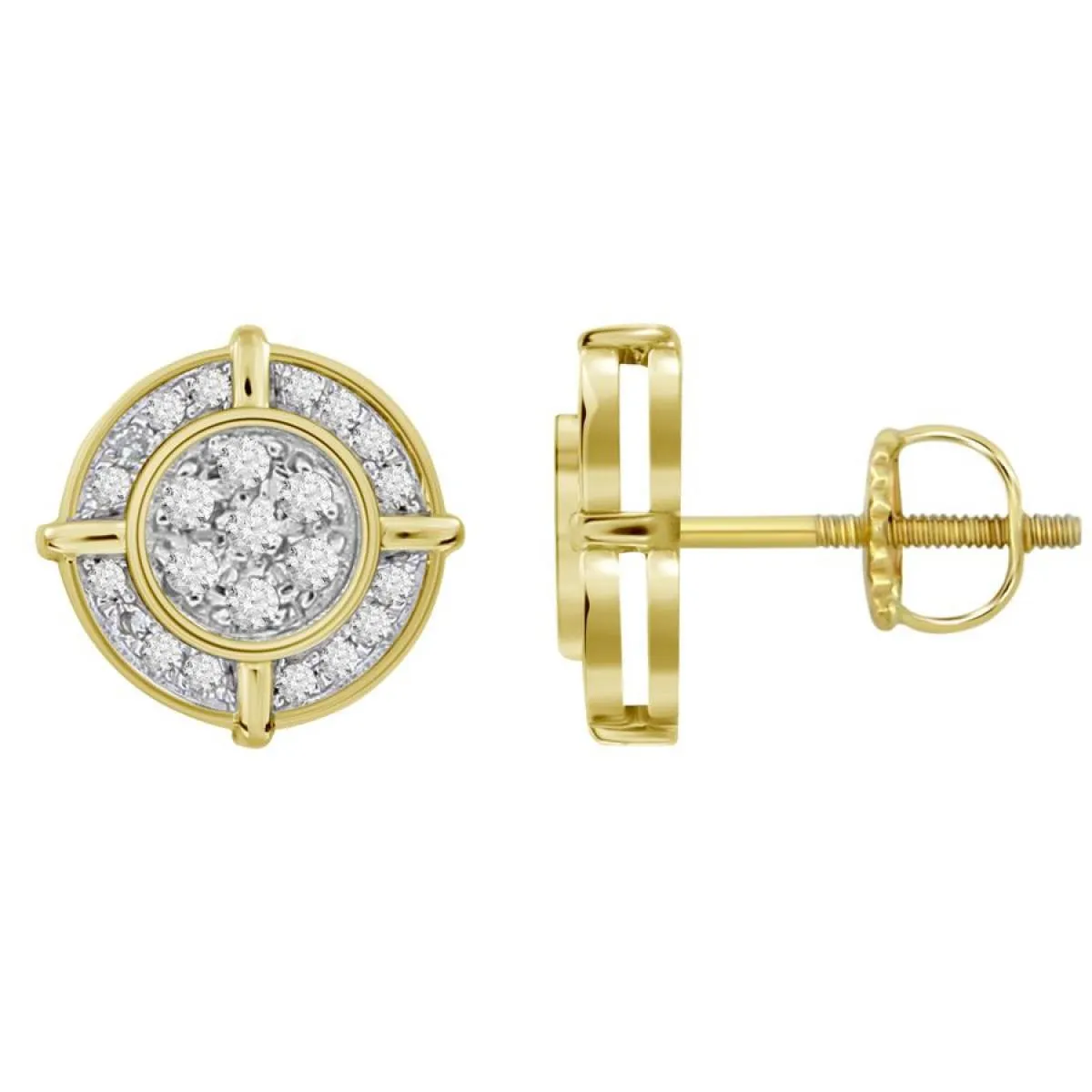 Diamond Round Cluster Mens Stud Earrings 10k Yellow Gold Screw Back