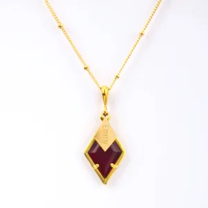 Diamond Shaped Birthstone and Name Necklace : January Garnet Quartz