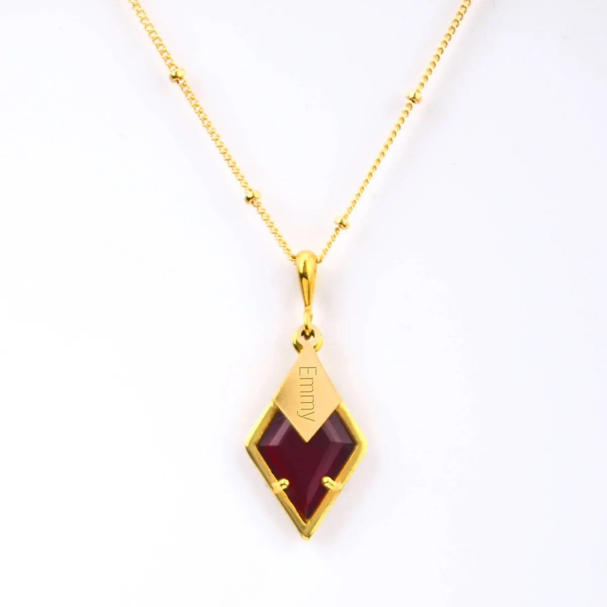 Diamond Shaped Birthstone and Name Necklace : January Garnet Quartz