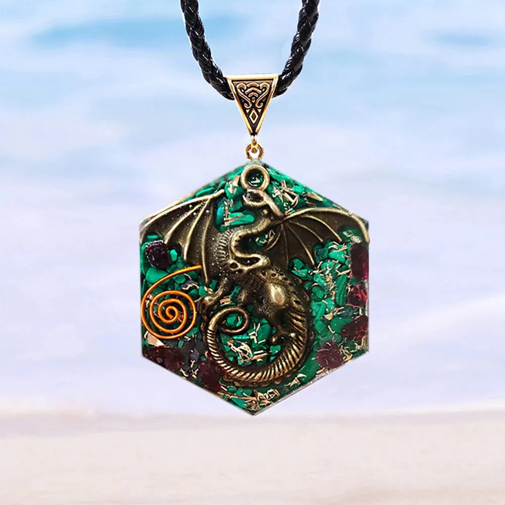 Dragon Orgone Energy Necklace with Malachite & Garnet Healing Crystals