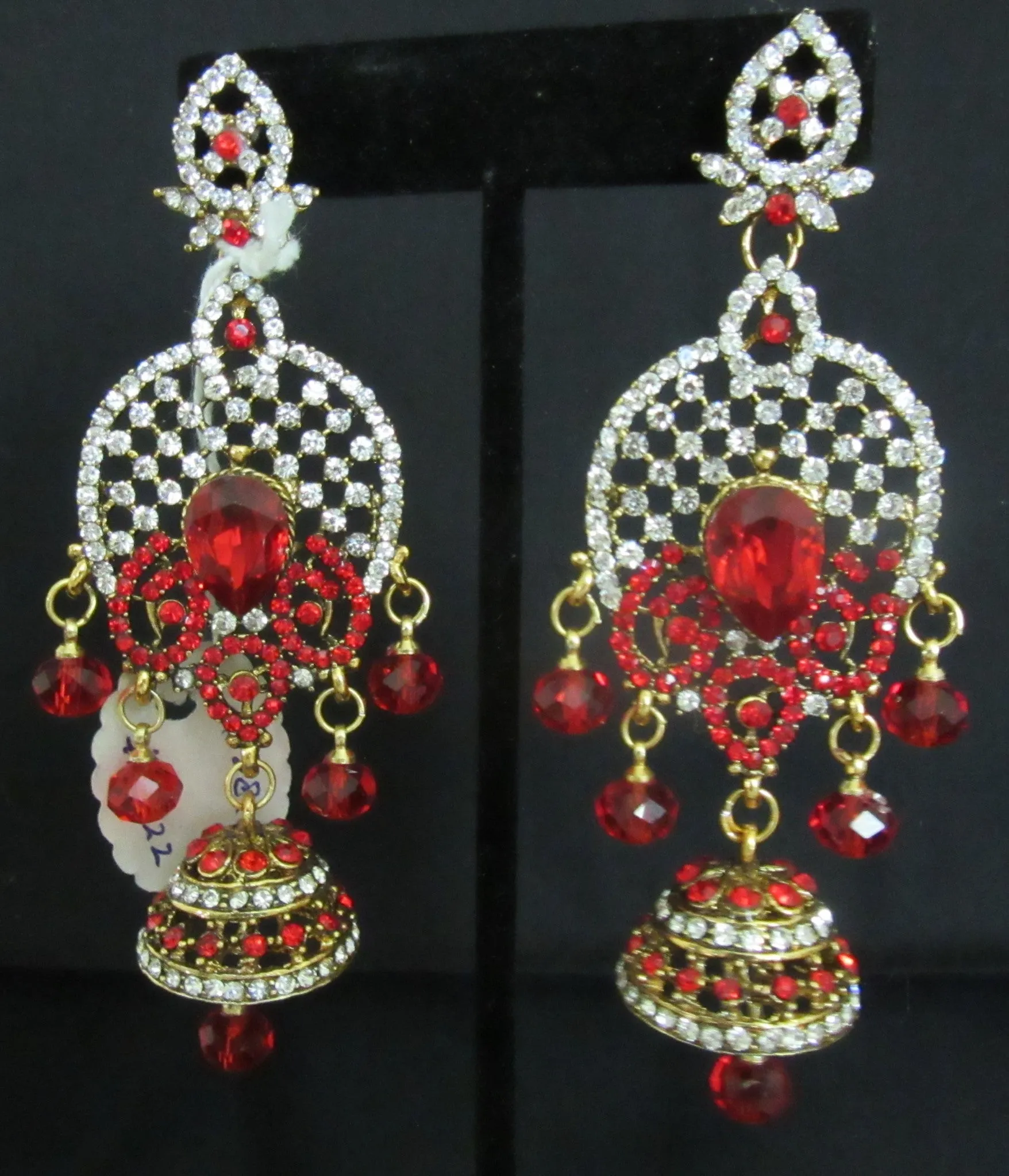 Earrings 7322 Golden Chandelier Jhumki Red Crystal Stones Earrings