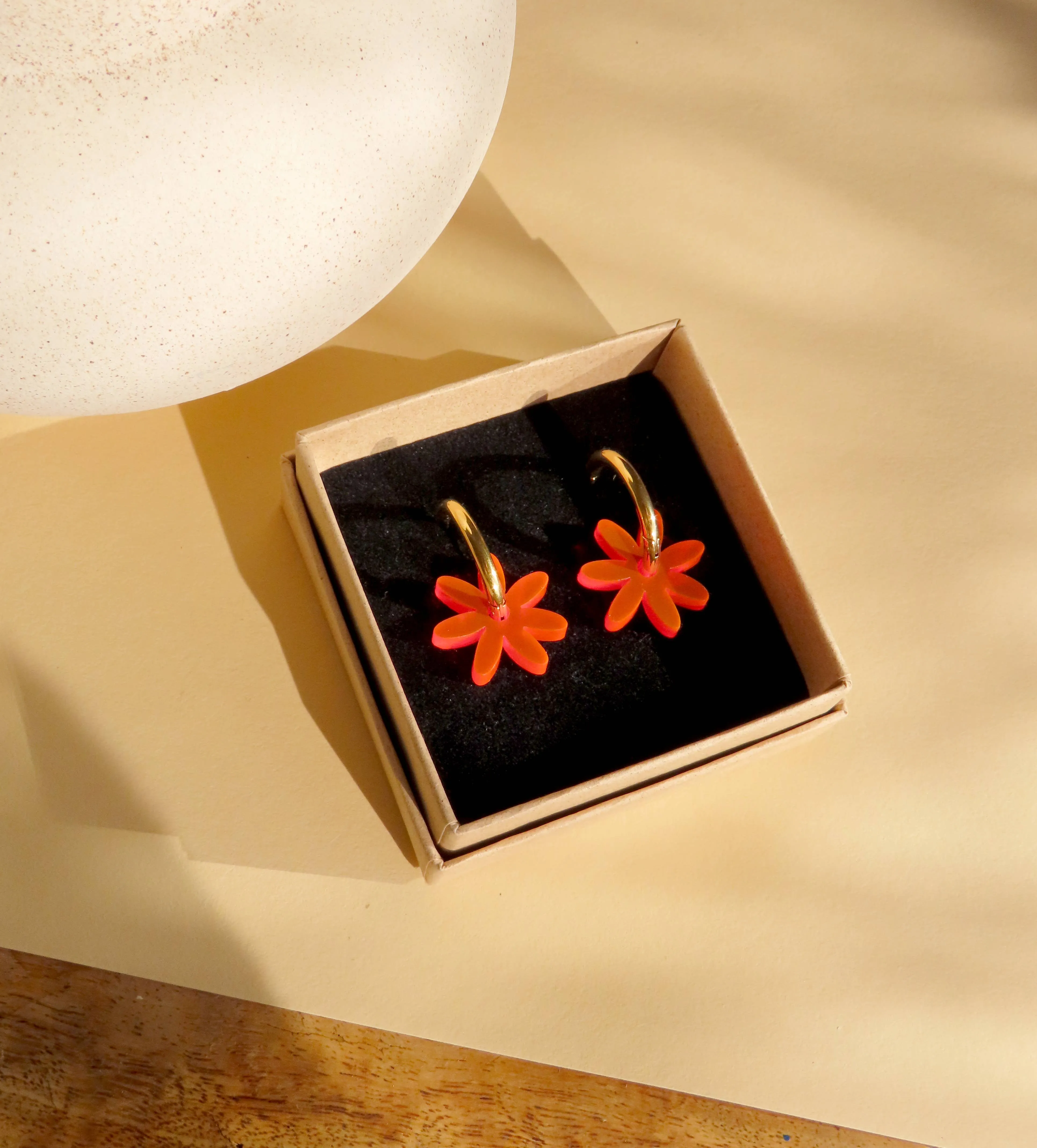 Earrings - Neon Orange Margerite Dots Hoops