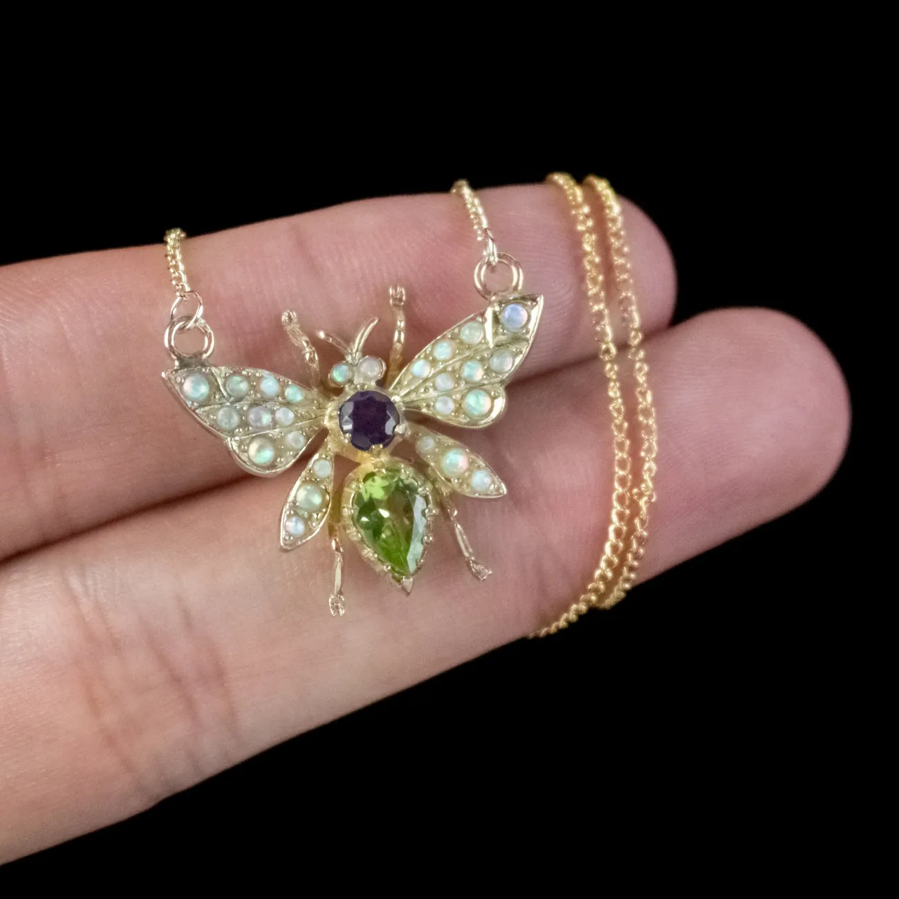 Edwardian Suffragette Style Bee Necklace Peridot Opal Amethyst