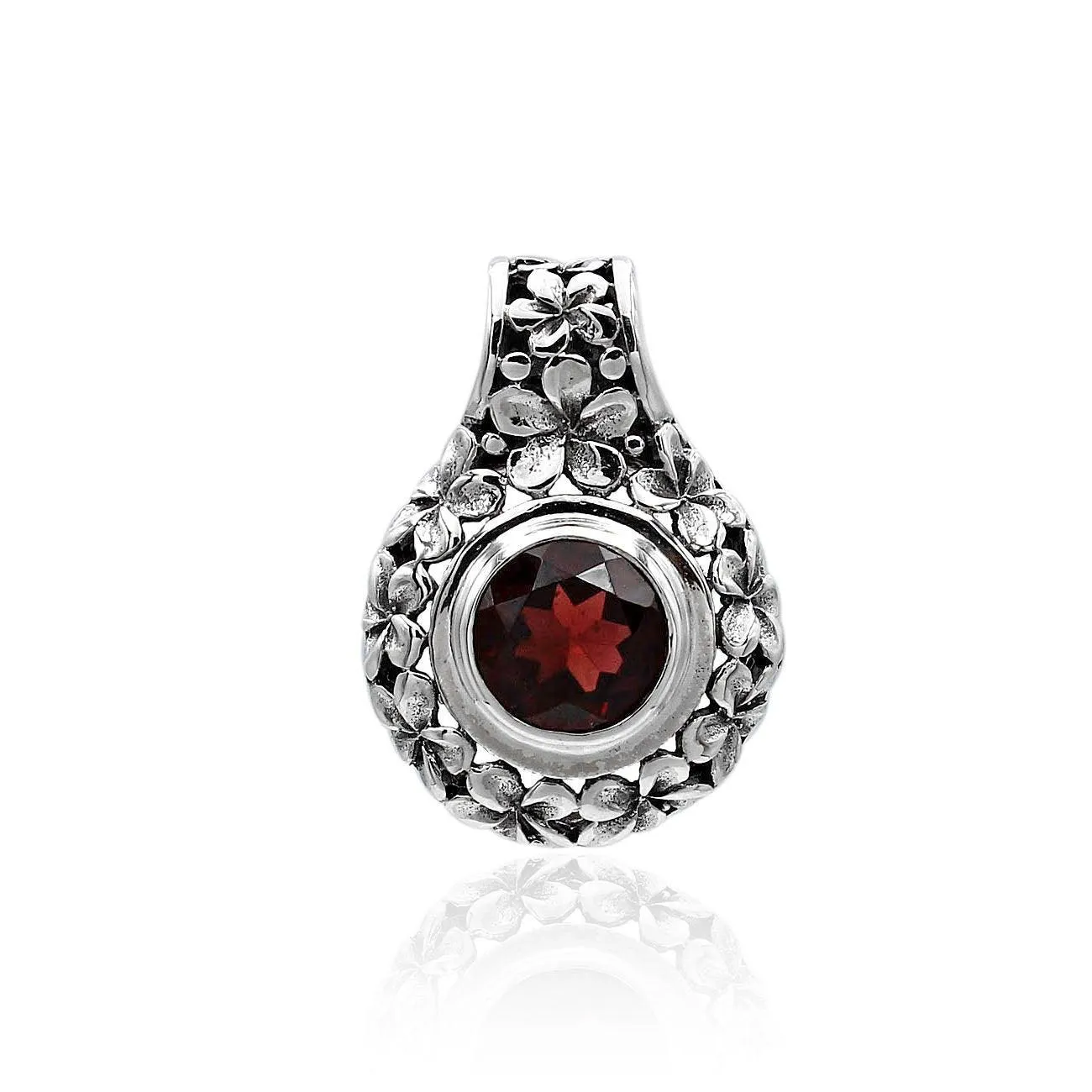 Floral RED GARNET Gemstone Slider Pendant Necklace in 925 Sterling Silver  -  2.5 Cm