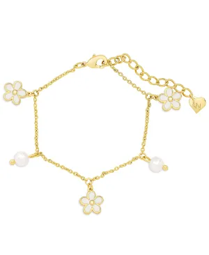 Flower and Freshwater Pearl Charm Bracelet (White)