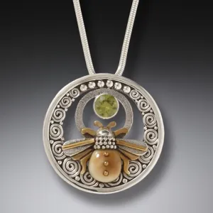 FOSSILIZED WALRUS TUSK HANDMADE SILVER BEE NECKLACE WITH PERIDOT - BEE INSPIRED