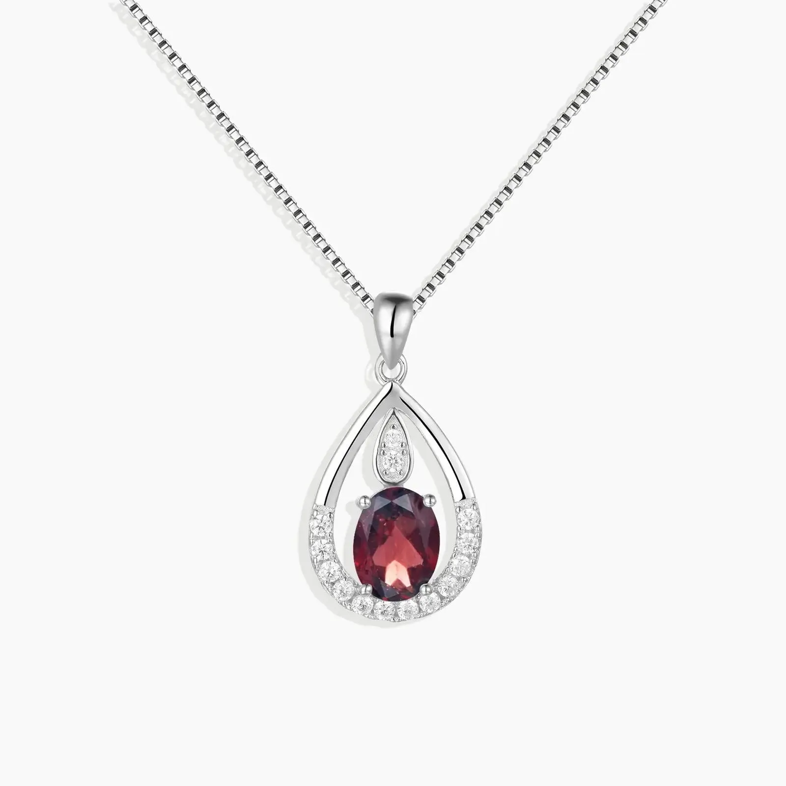 Garnet Drop Pendant Necklace in Sterling Silver