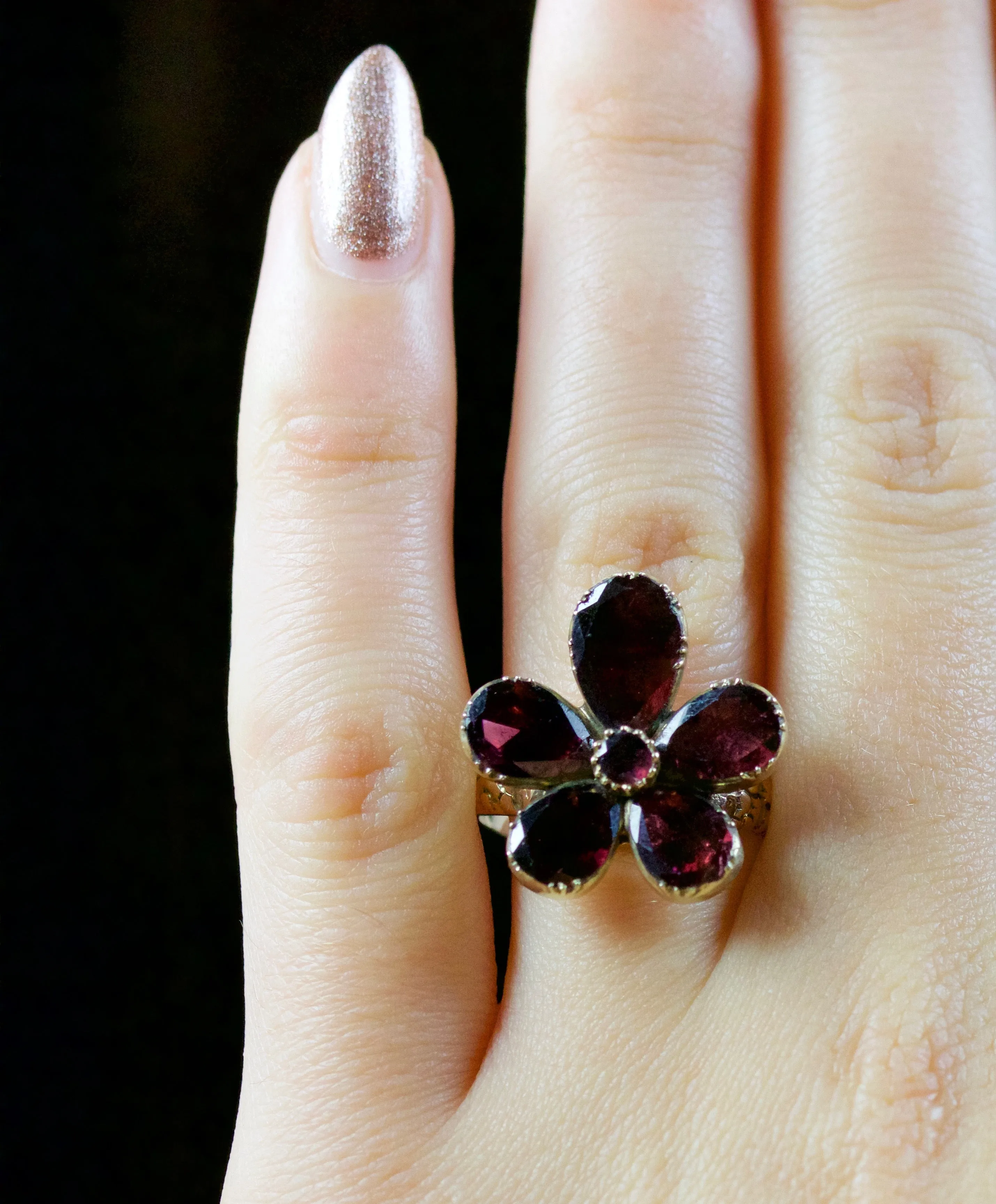 Georgian Flat Cut Garnet Flower Ring 18Ct Gold