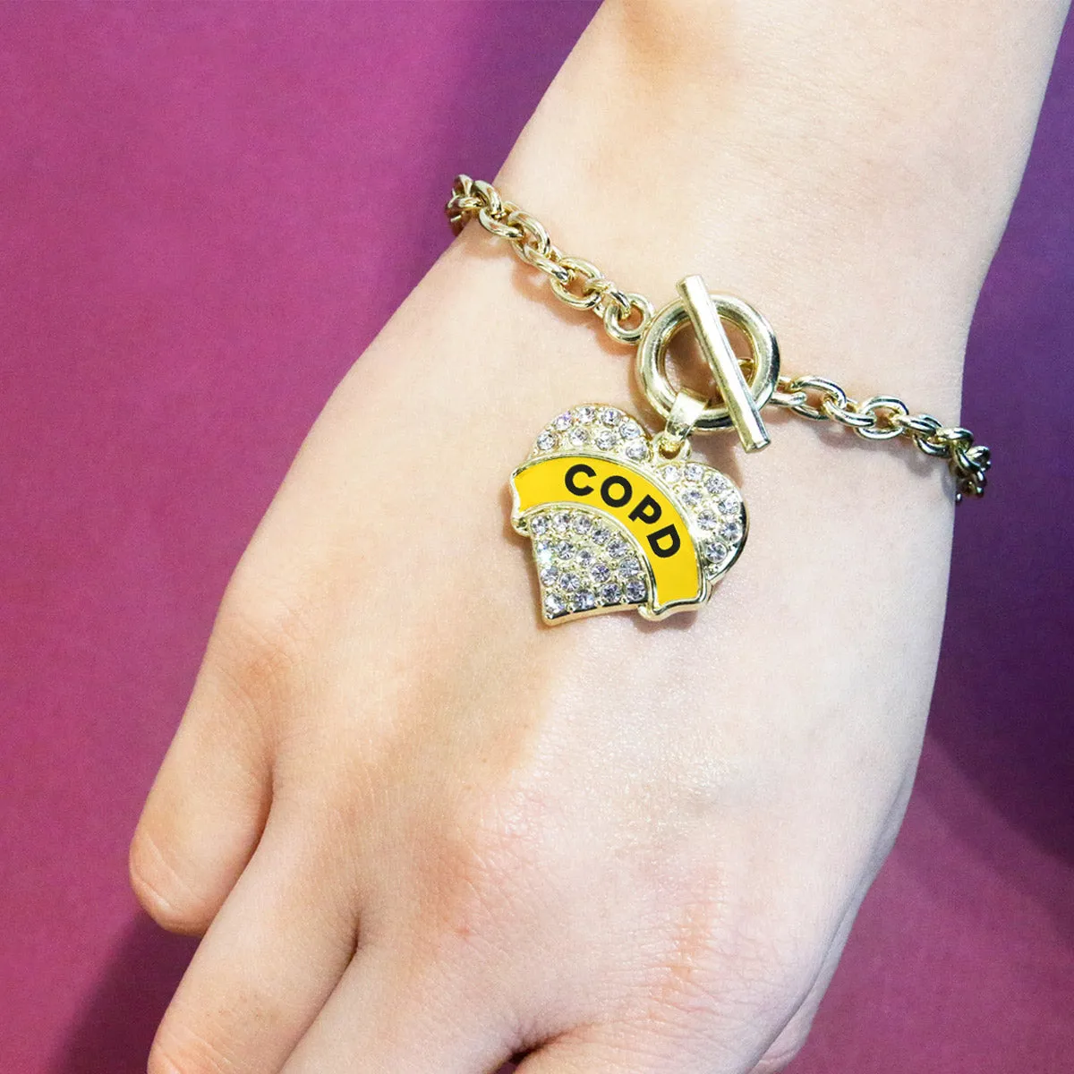 Gold COPD Awareness Pave Heart Charm Toggle Bracelet